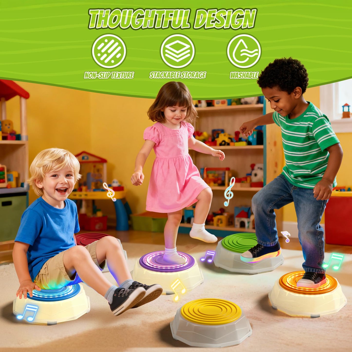 HYES Light Up Stepping Stones for Kids – 6 Pack Musical, Non-Slip, Stackable Toddler Obstacle Course
