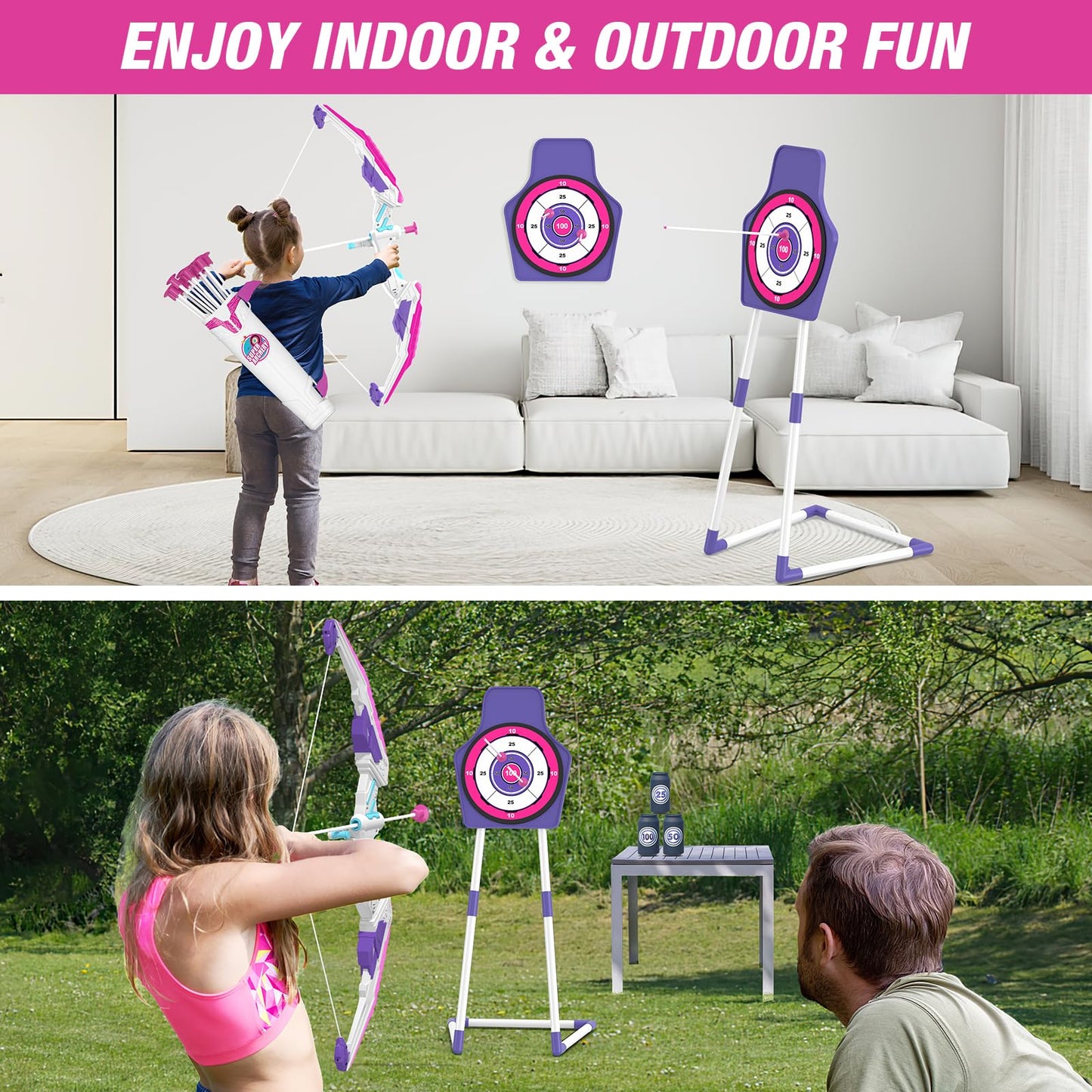 HYES Bow and Arrow for Kids 8-12 – LED Light Up Archery Set with 12 Suction Cup Arrows, Targets, and Quiver (Purple)