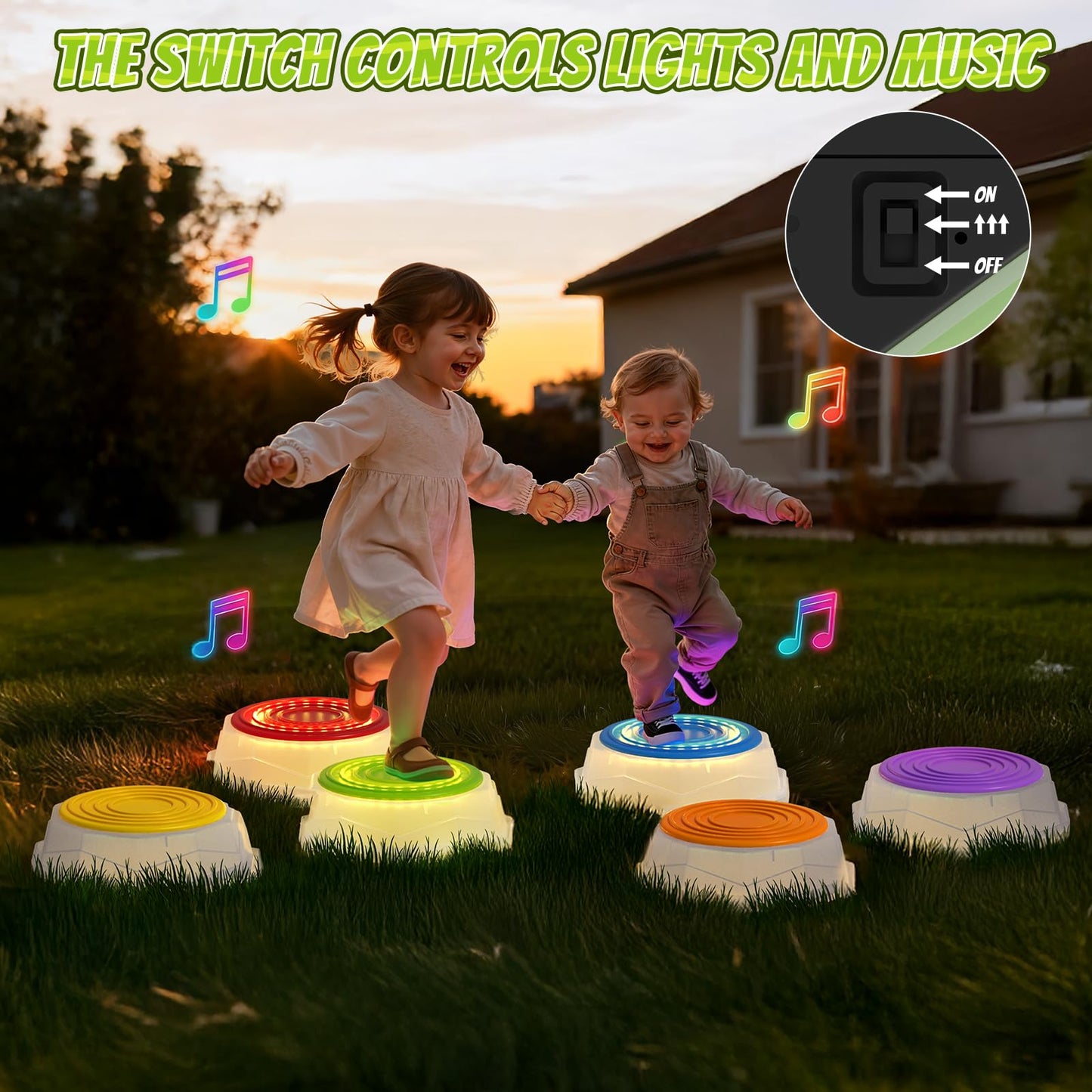 HYES Light Up Stepping Stones for Kids – 6 Pack Musical, Non-Slip, Stackable Toddler Obstacle Course