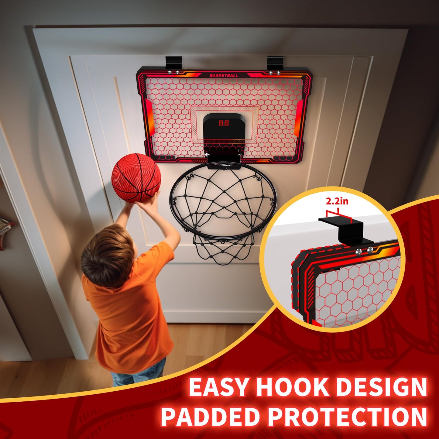 HYES Remote Control Indoor Basketball Hoop – 7 LED Lights, 3 Modes, Over-Door Mount (Red)