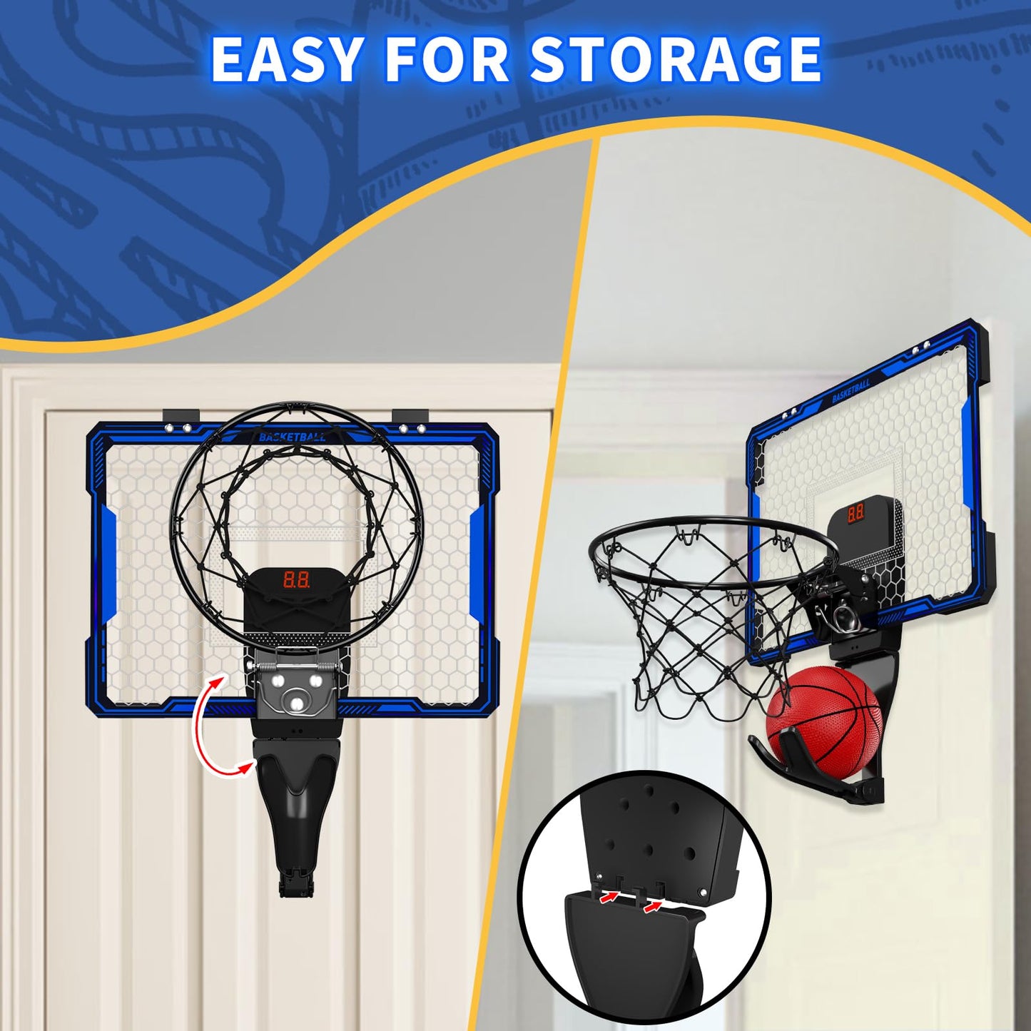 HYES Remote-Control Indoor Basketball Hoop with 7 LED Lights – Over-Door, 3 Modes, Blue