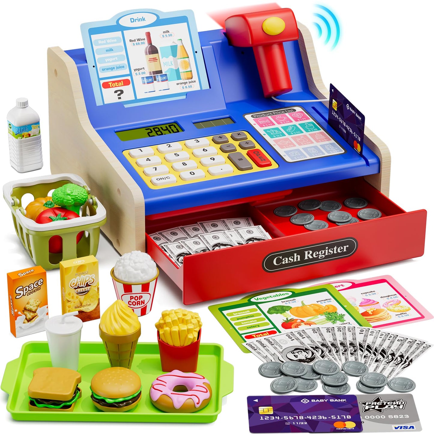HYES Rechargeable Wooden Cash Register for Kids – Dual Theme Mini Shop with Play Money (Blue)