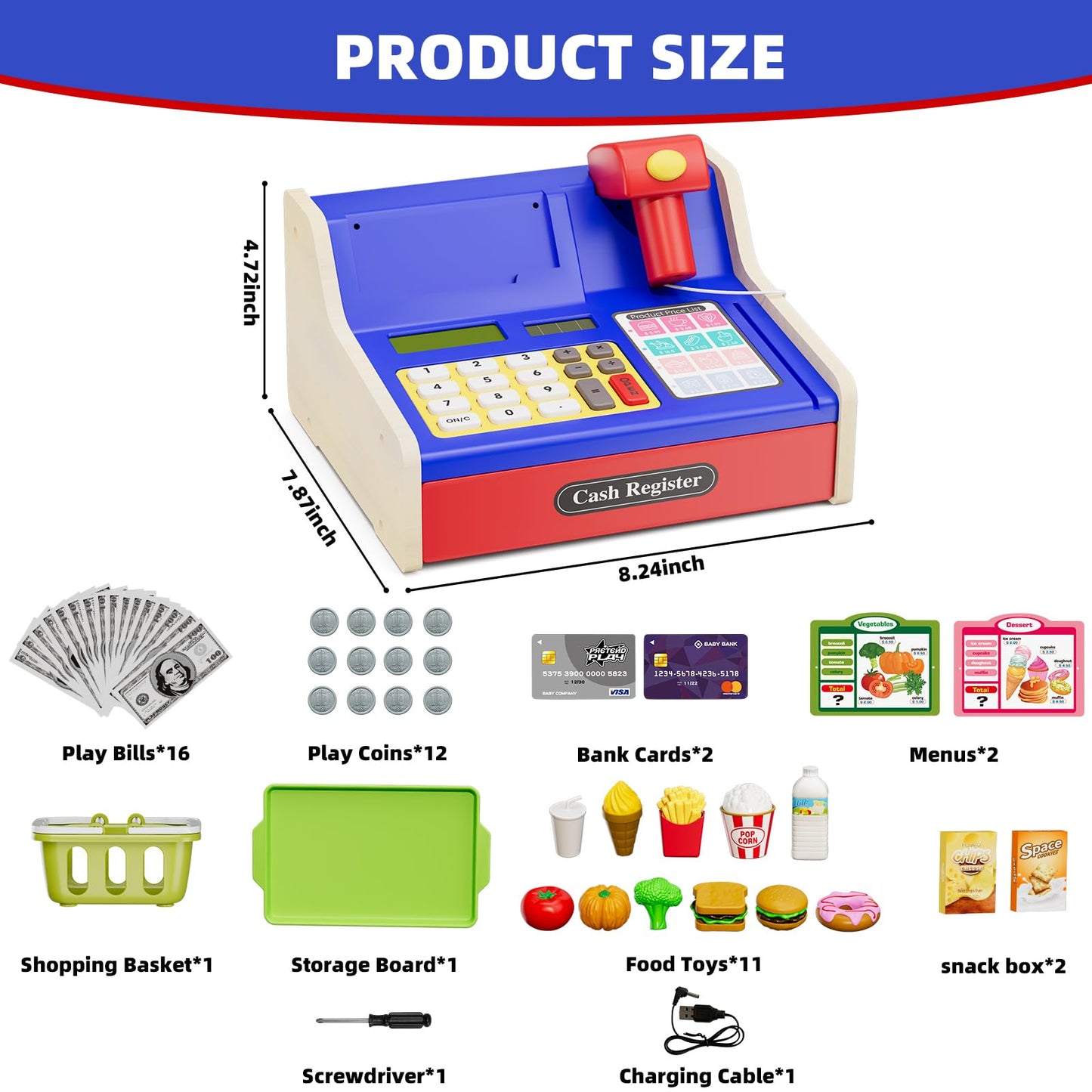 HYES Rechargeable Wooden Cash Register for Kids – Dual Theme Mini Shop with Play Money (Blue)