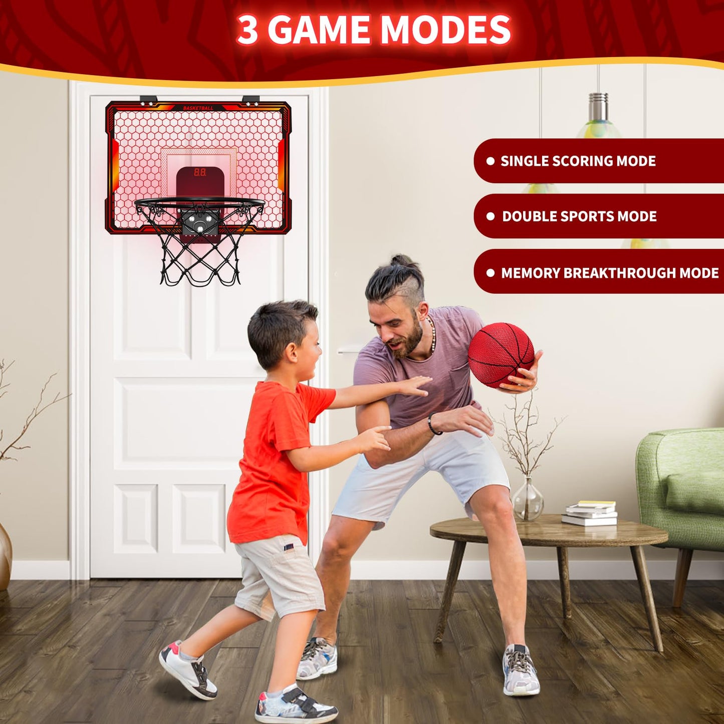 HYES Remote Control Indoor Basketball Hoop – 7 LED Lights, 3 Modes, Over-Door Mount (Red)