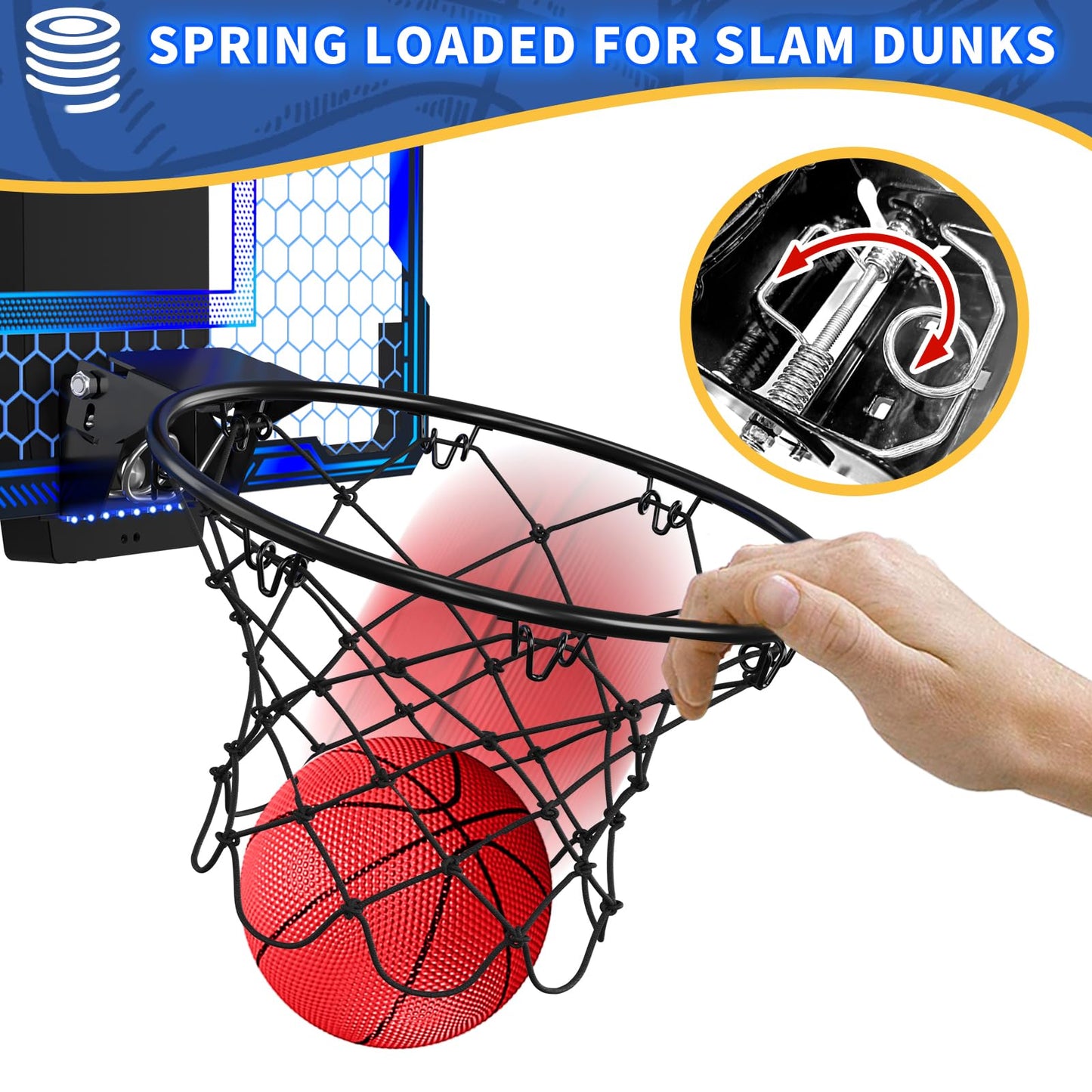 HYES Remote-Control Indoor Basketball Hoop with 7 LED Lights – Over-Door, 3 Modes, Blue