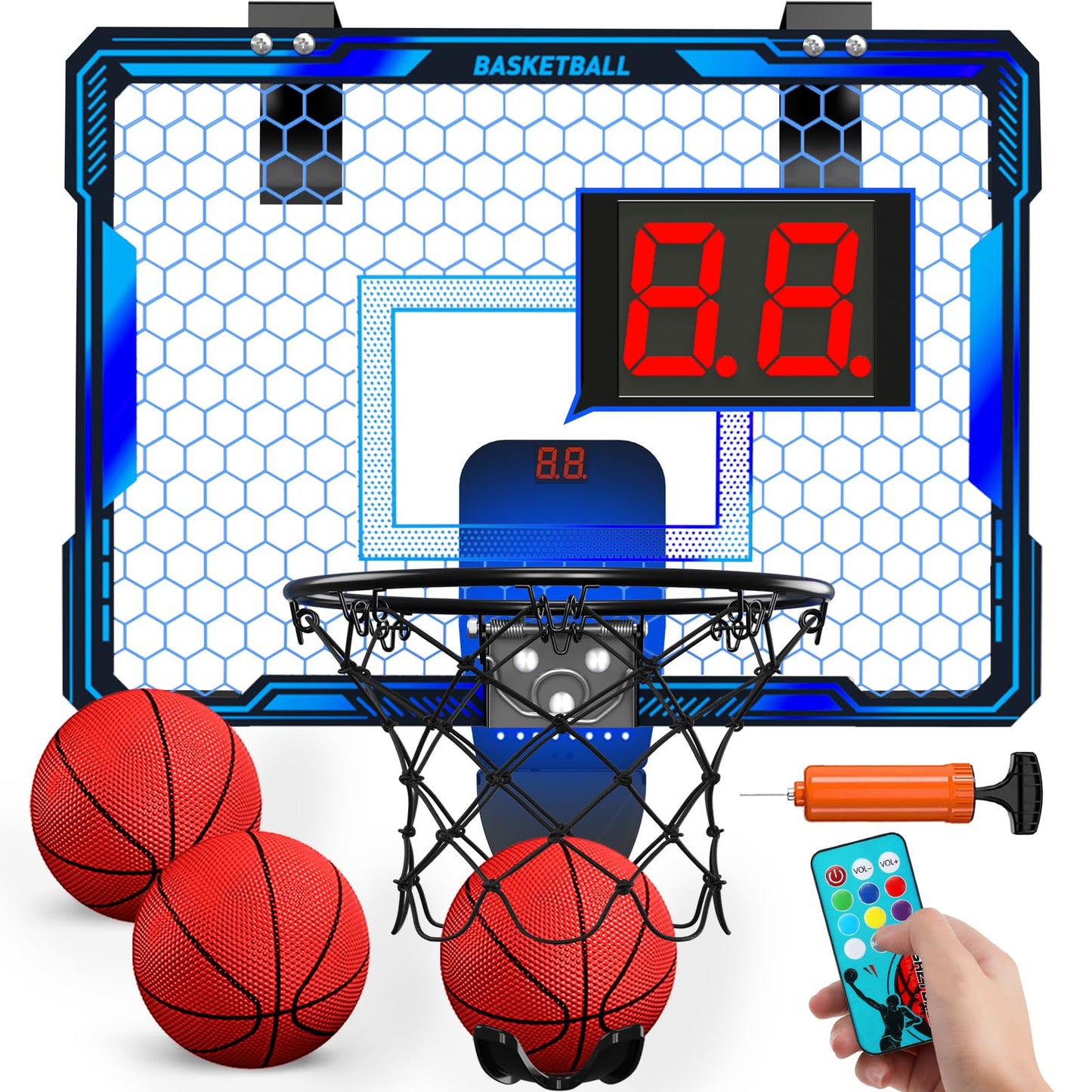 HYES Remote-Control Indoor Basketball Hoop with 7 LED Lights – Over-Door, 3 Modes, Blue