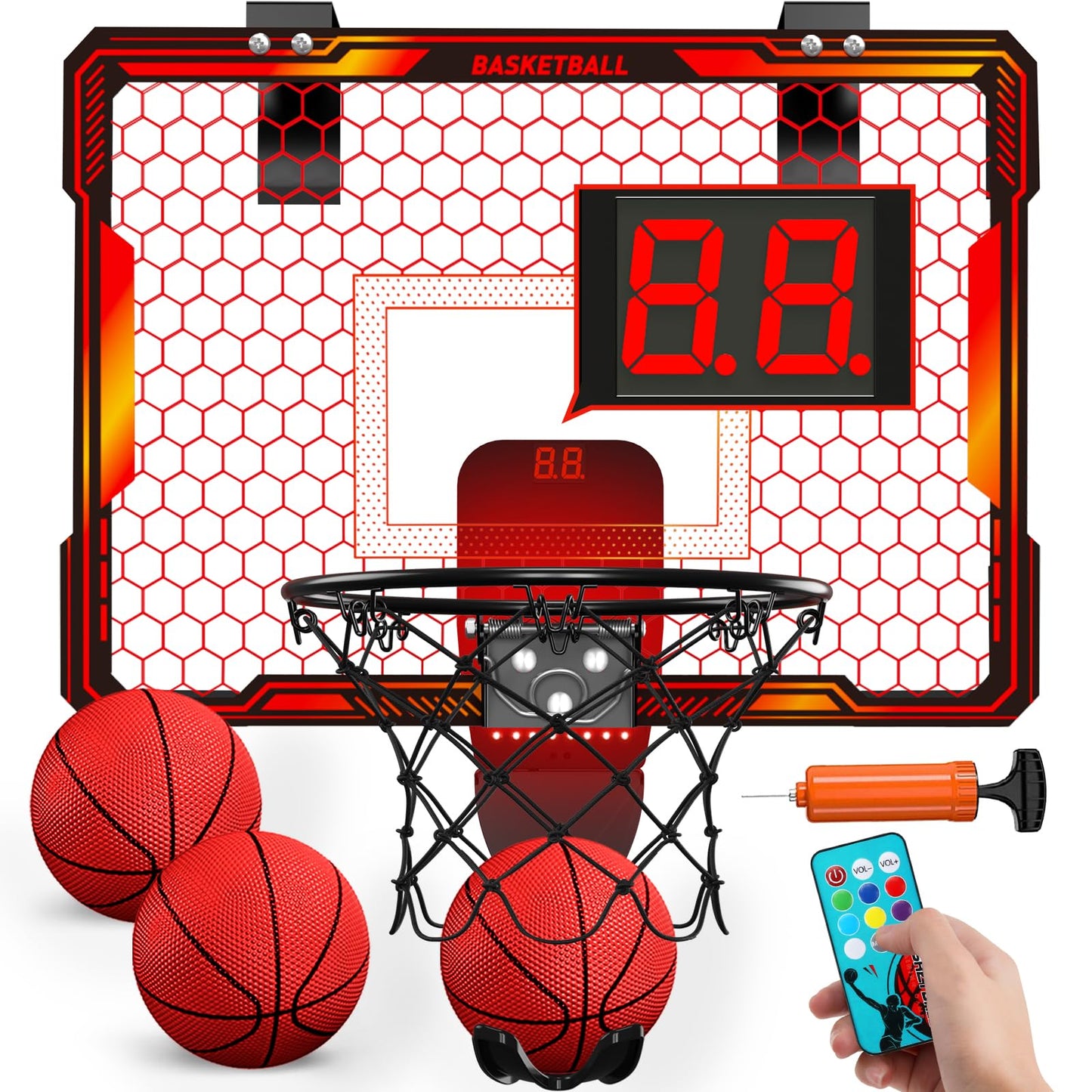 HYES Remote Control Indoor Basketball Hoop – 7 LED Lights, 3 Modes, Over-Door Mount (Red)