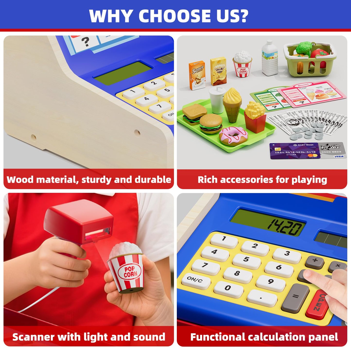 HYES Rechargeable Wooden Cash Register for Kids – Dual Theme Mini Shop with Play Money (Blue)