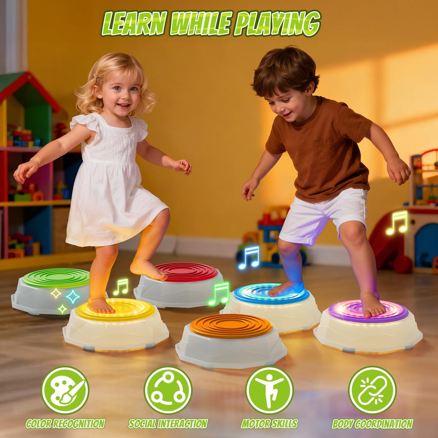HYES Light Up Stepping Stones for Kids – 6 Pack Musical, Non-Slip, Stackable Toddler Obstacle Course