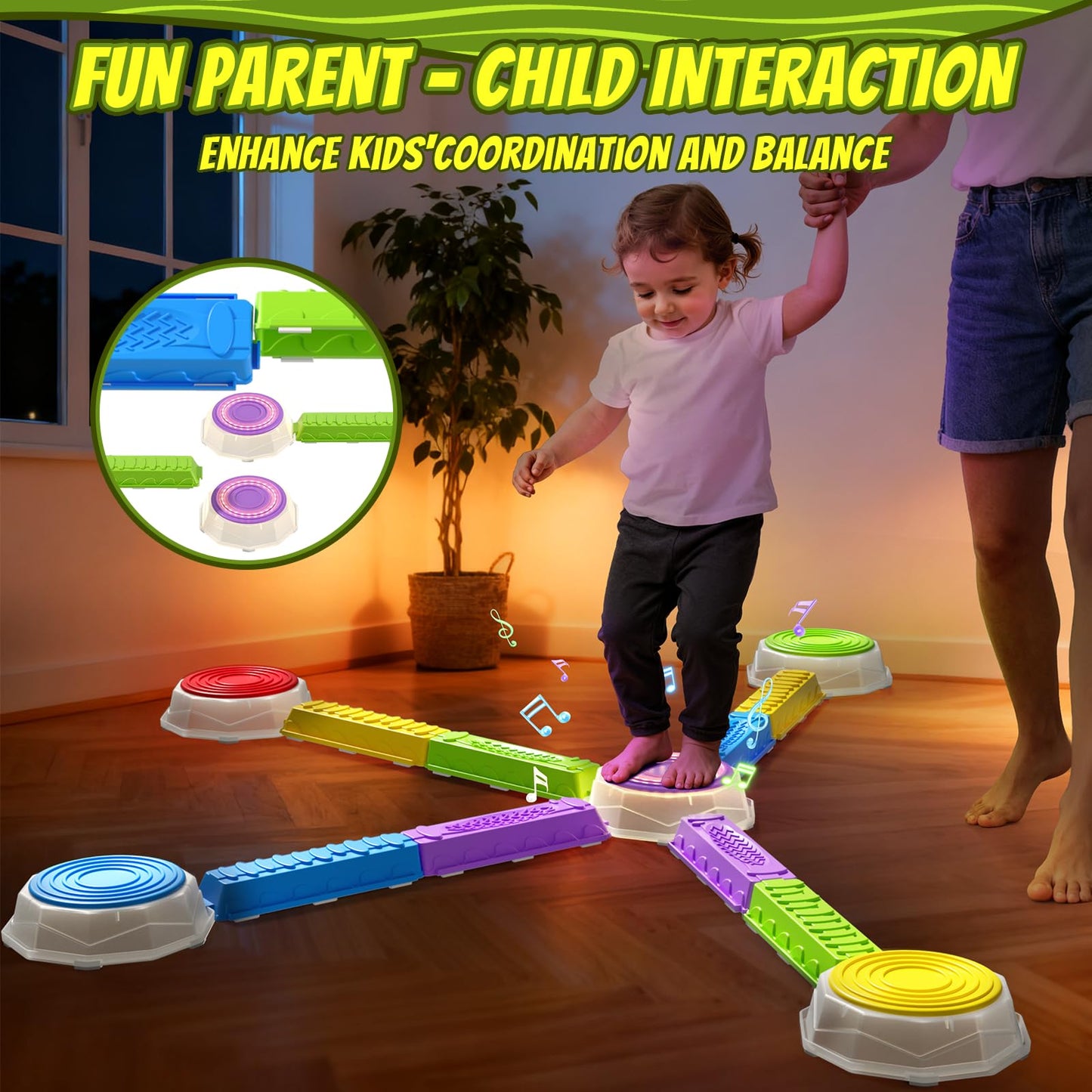 HYES Light Up Stepping Stones & Balance Beams – 13-Piece Sensory Obstacle Set for Kids