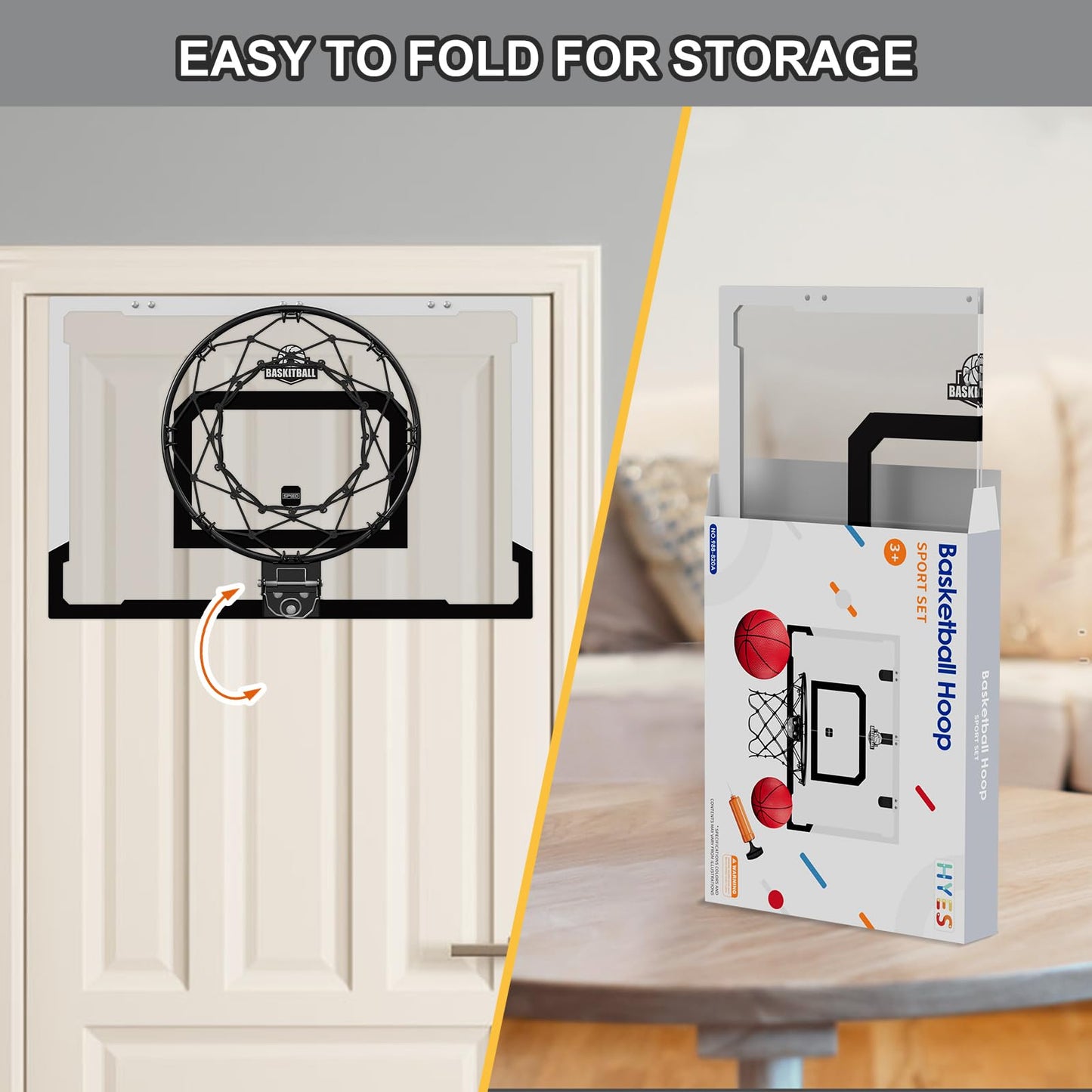 HYES 24x16 Large Indoor Basketball Hoop – Over-the-Door Backboard, Sturdy Rim, Fun Gift for Adults & Kids | Black