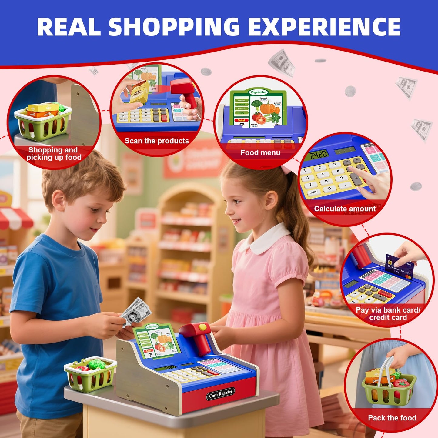 HYES Rechargeable Wooden Cash Register for Kids – Dual Theme Mini Shop with Play Money (Blue)