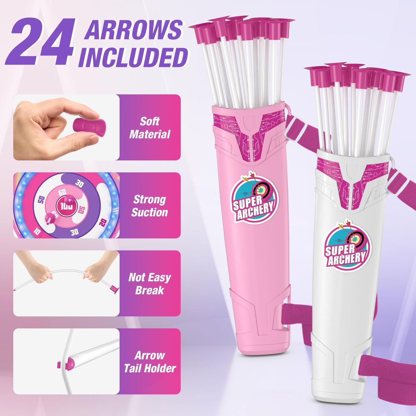 HYES LED Unicorn Archery Set for Kids – 2 Bows, Glow Target, 24 Arrows
