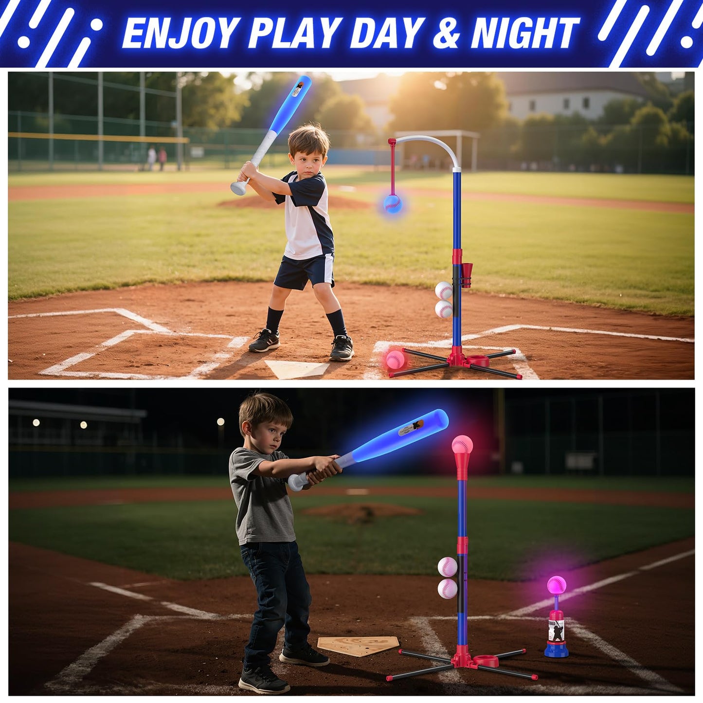HYES 3-in-1 LED Baseball Set for Kids 3-5 | Adjustable Tee, Ball Launcher, Indoor/Outdoor