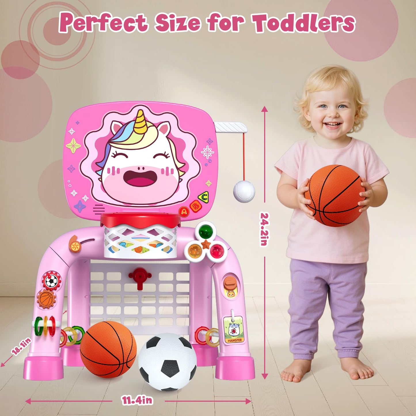 HYES Toddler 3-in-1 Basketball Hoop, Soccer Goal & Montessori Learning Toy Set for Ages 1–3