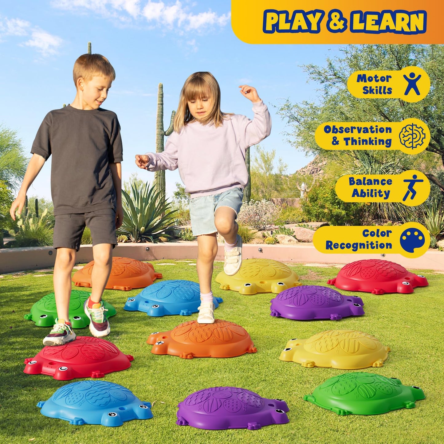 HYES Stepping Stones for Kids – 12-Piece Non-Slip Balance Stones for Indoor/Outdoor Play
