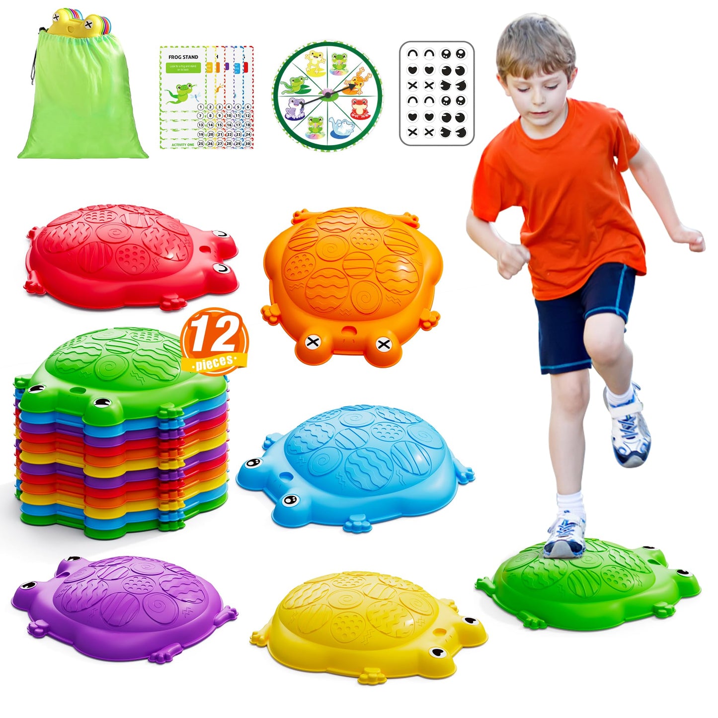 HYES Stepping Stones for Kids – 12-Piece Non-Slip Balance Stones for Indoor/Outdoor Play