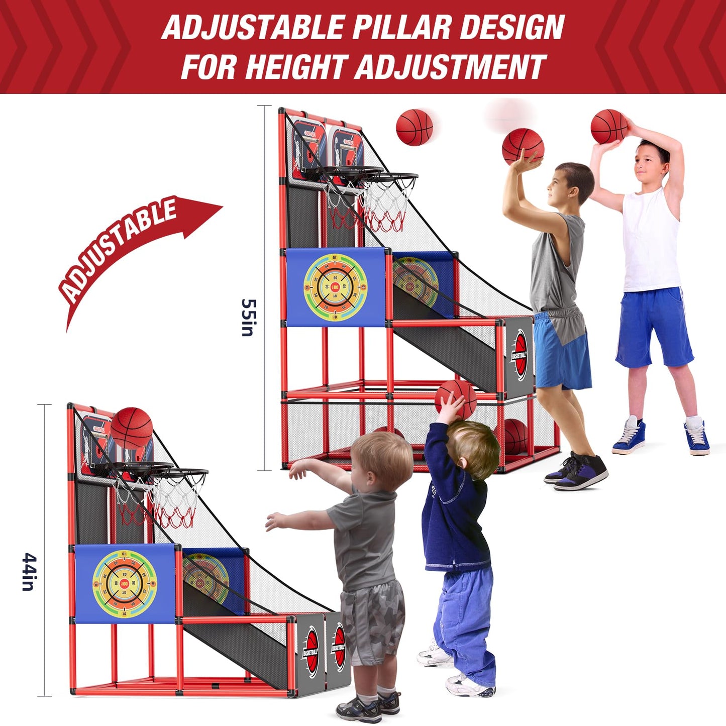 HYES 2-in-1 Dual Shot Basketball Arcade Game with LED Scoreboard & Dart Boards – Indoor/Outdoor Kids Sport Toy