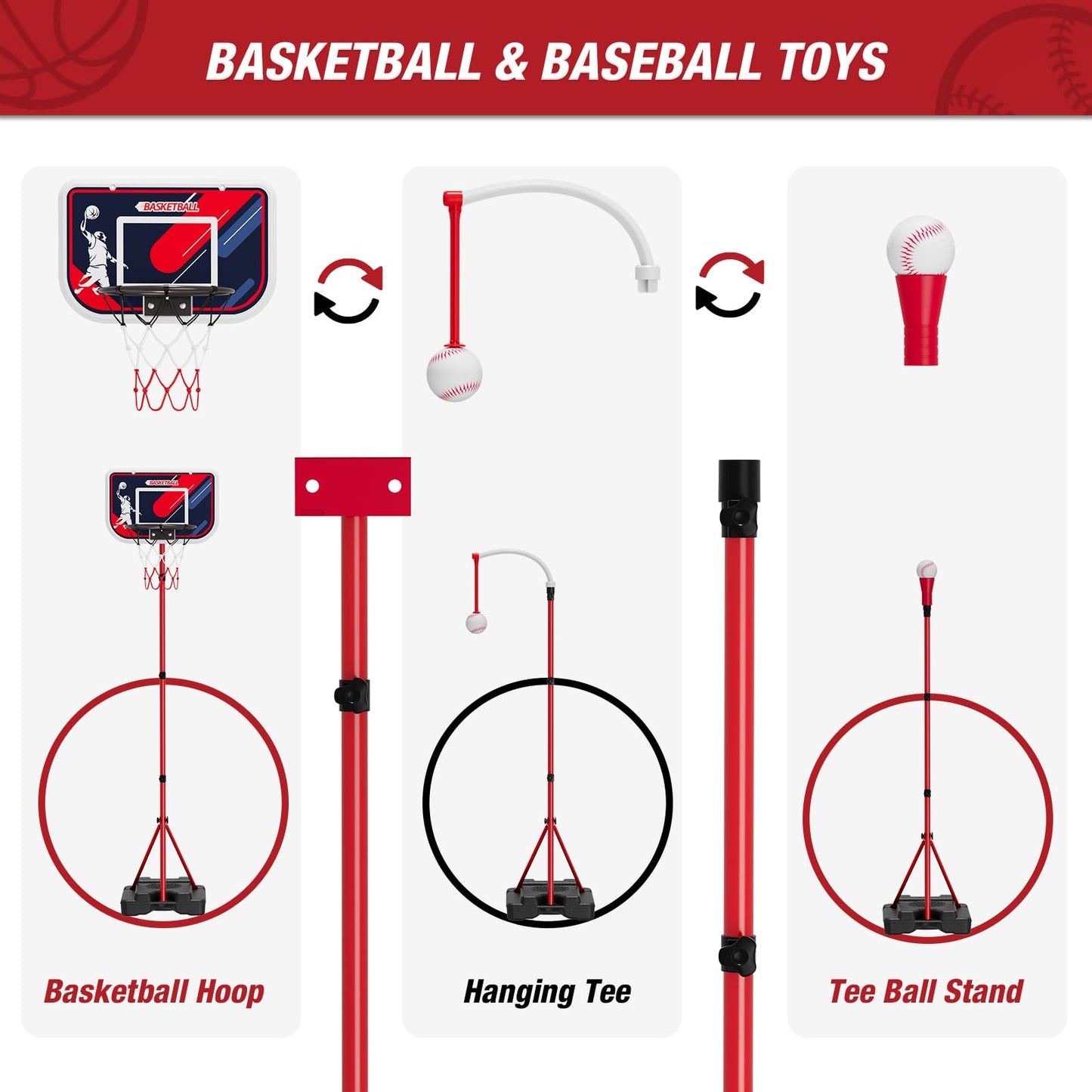 HYES 4 in 1 Kids Basketball Hoop & Tball Set for Toddlers 3-5 – Adjustable, Stable, Portable