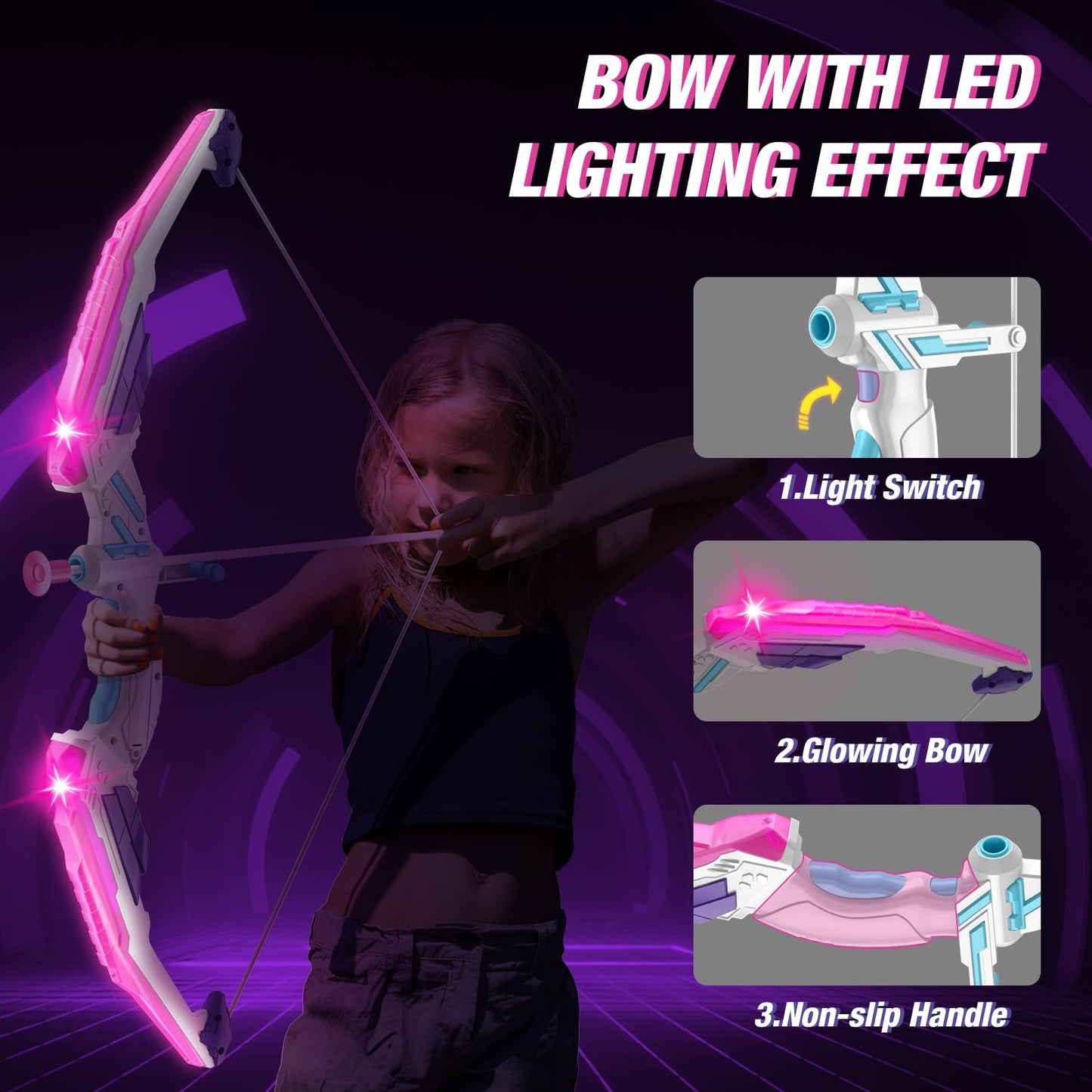 HYES LED Unicorn Archery Set for Kids – 2 Bows, Glow Target, 24 Arrows