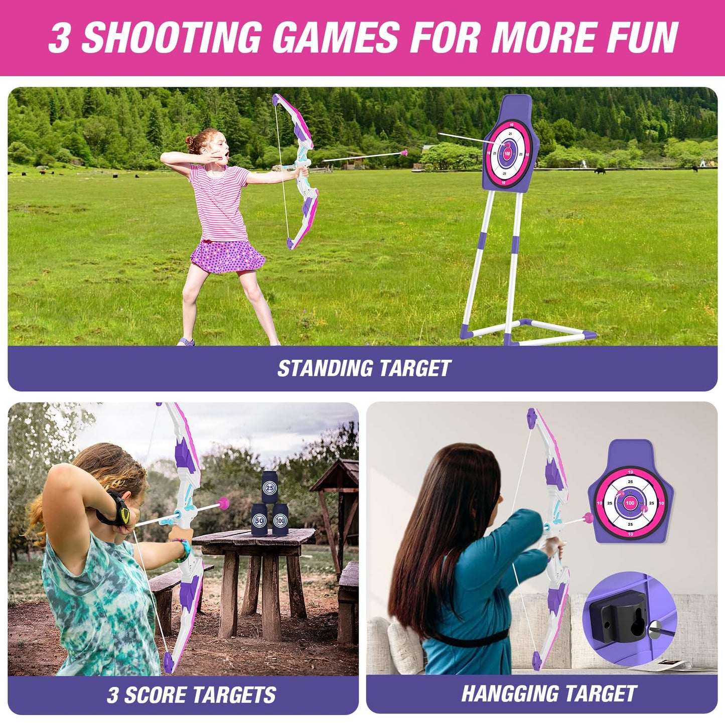 HYES Bow and Arrow for Kids 8-12 – LED Light Up Archery Set with 12 Suction Cup Arrows, Targets, and Quiver (Purple)