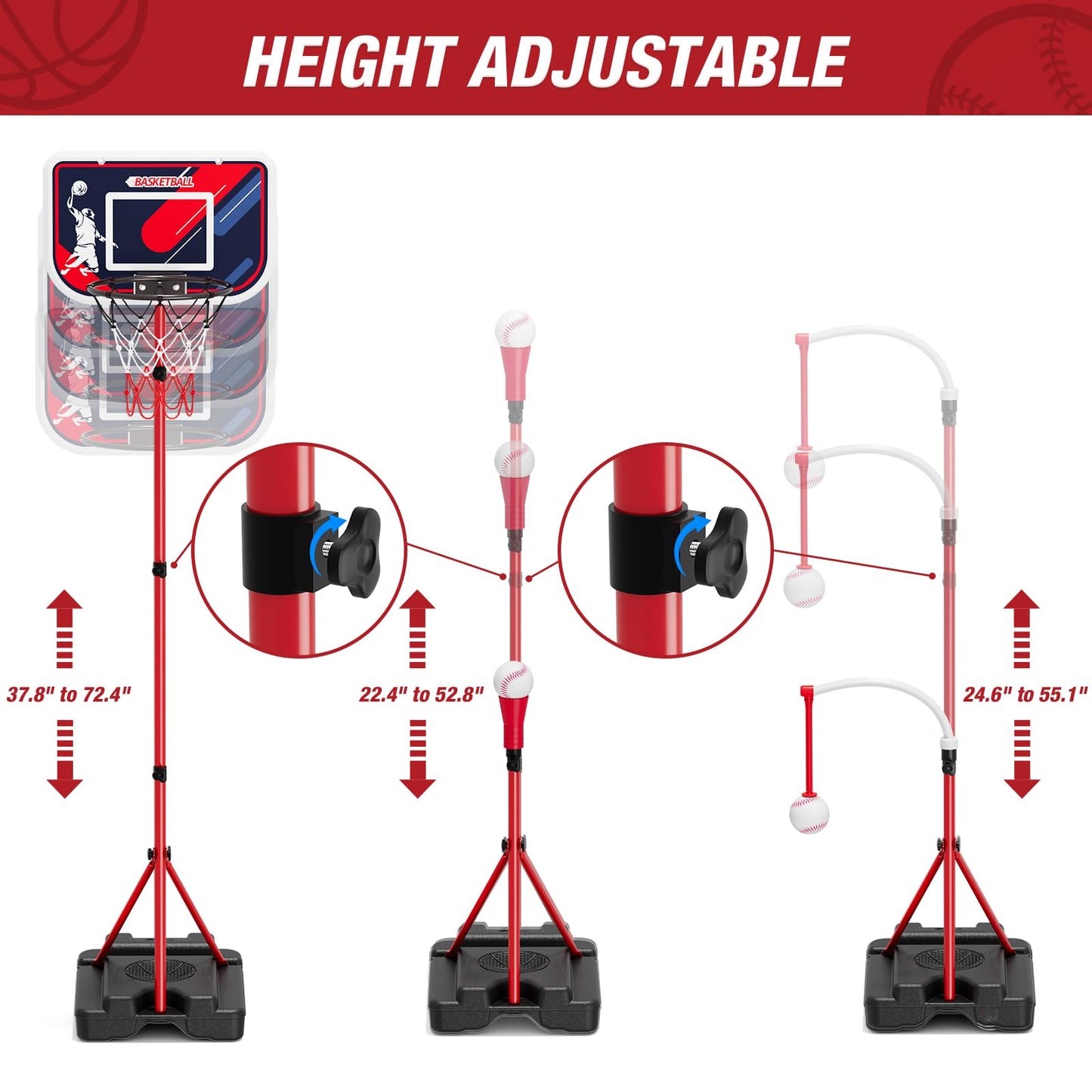 HYES 4 in 1 Kids Basketball Hoop & Tball Set for Toddlers 3-5 – Adjustable, Stable, Portable