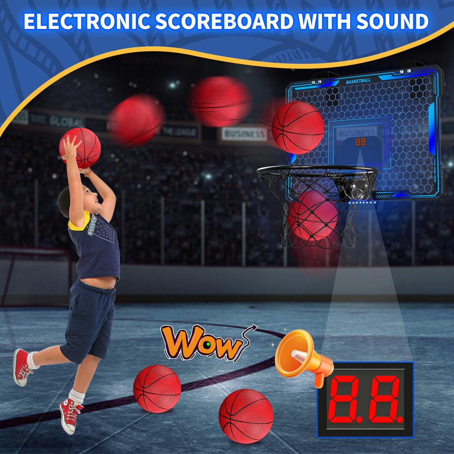 HYES Remote-Control Indoor Basketball Hoop with 7 LED Lights – Over-Door, 3 Modes, Blue