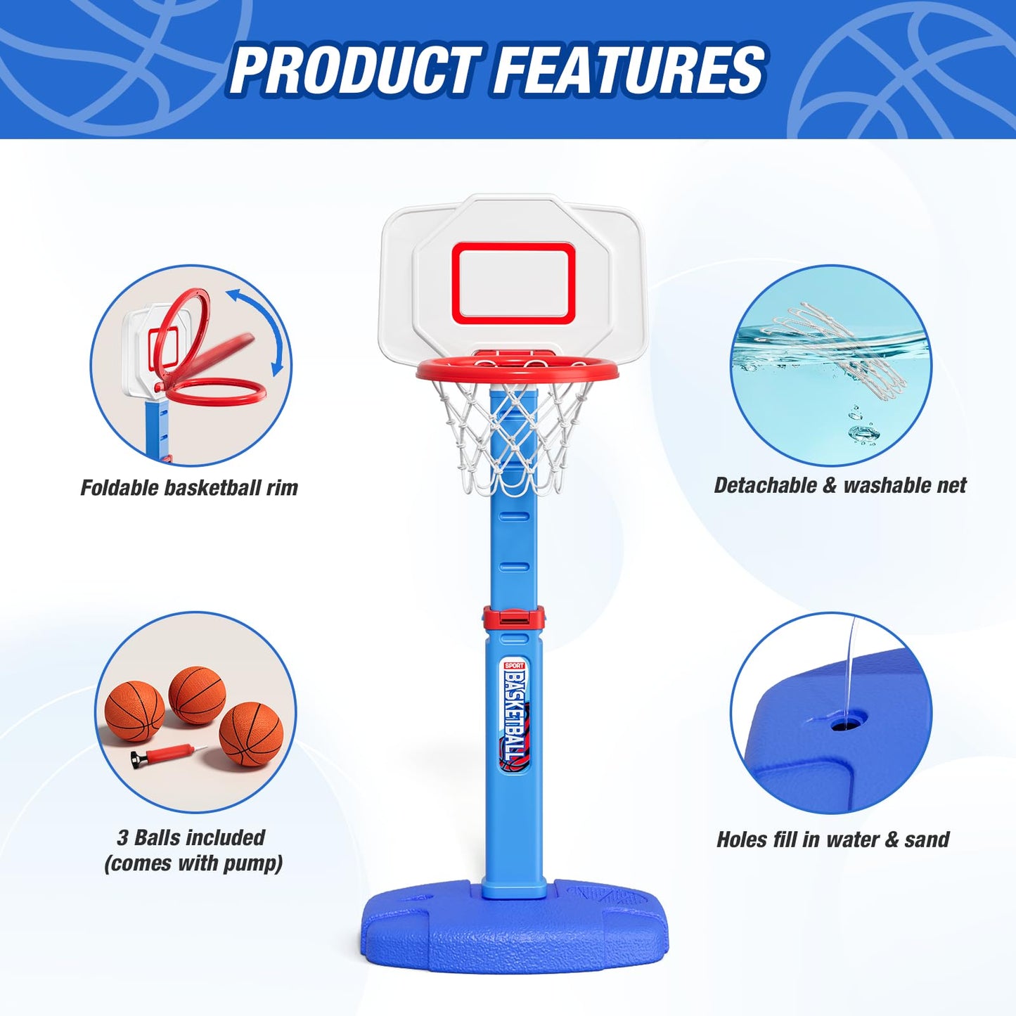 HYES Toddler Basketball Hoop - Adjustable Indoor Mini Hoop for Kids 1-5 | Foldable with 3 Balls