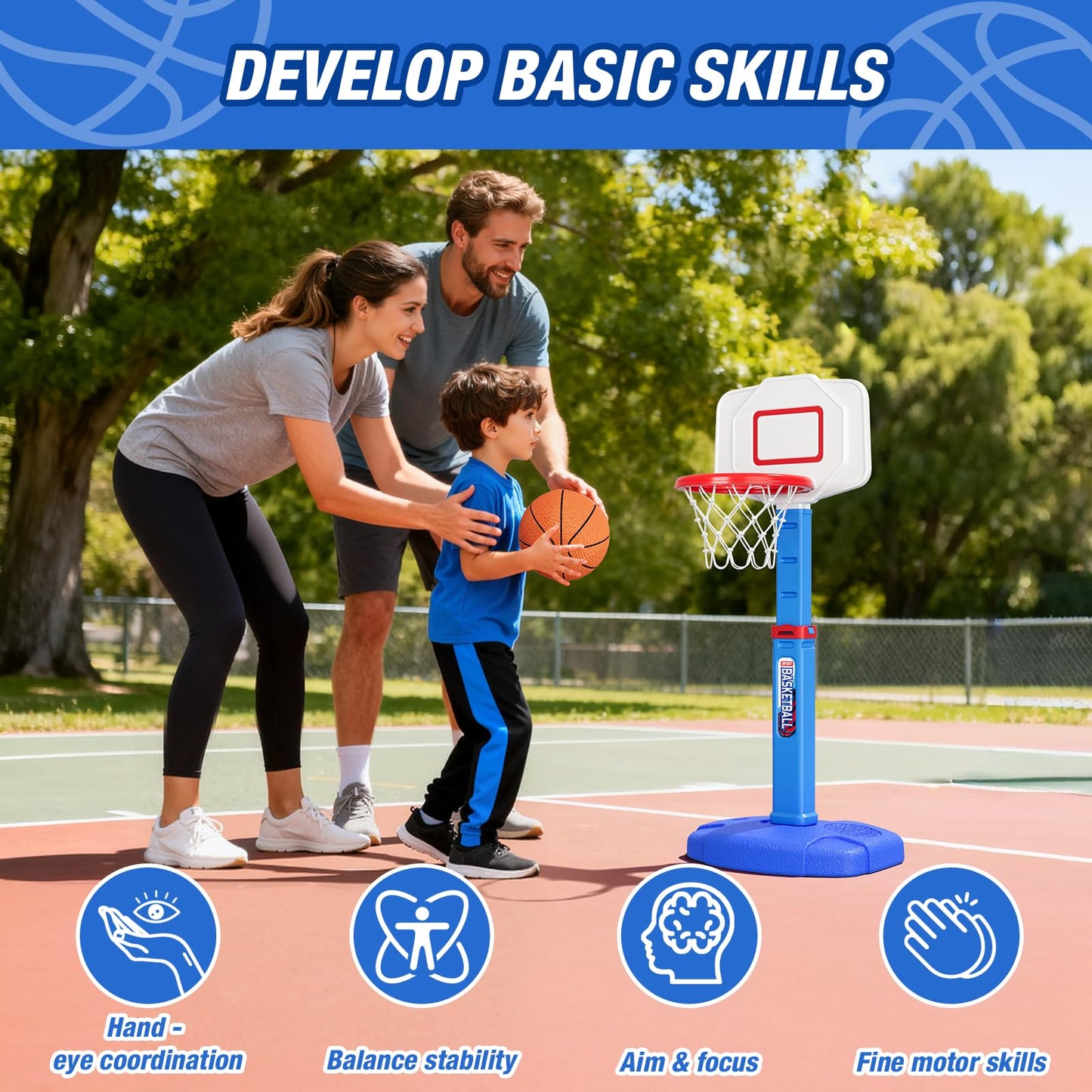 HYES Toddler Basketball Hoop - Adjustable Indoor Mini Hoop for Kids 1-5 | Foldable with 3 Balls