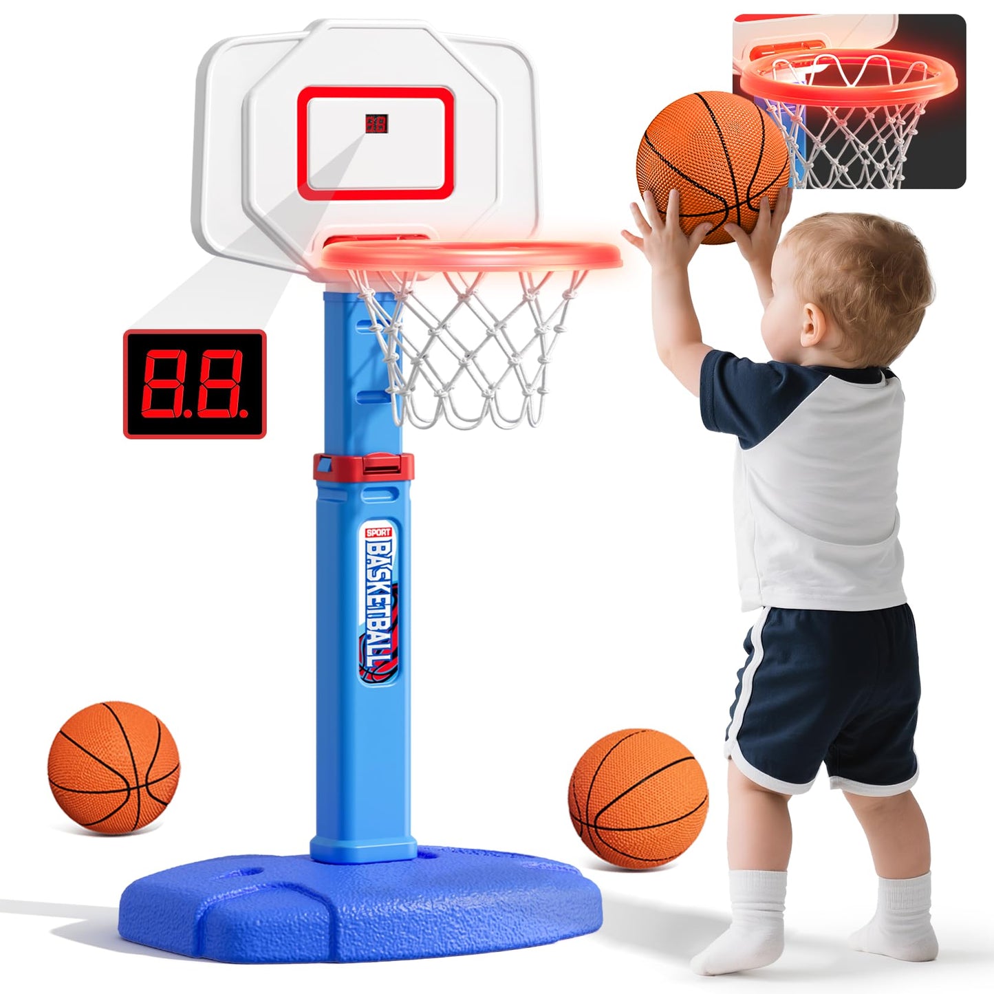 HYES Toddler Basketball Hoop with LED Rim & Scoreboard – Adjustable Indoor/Outdoor Mini Hoop