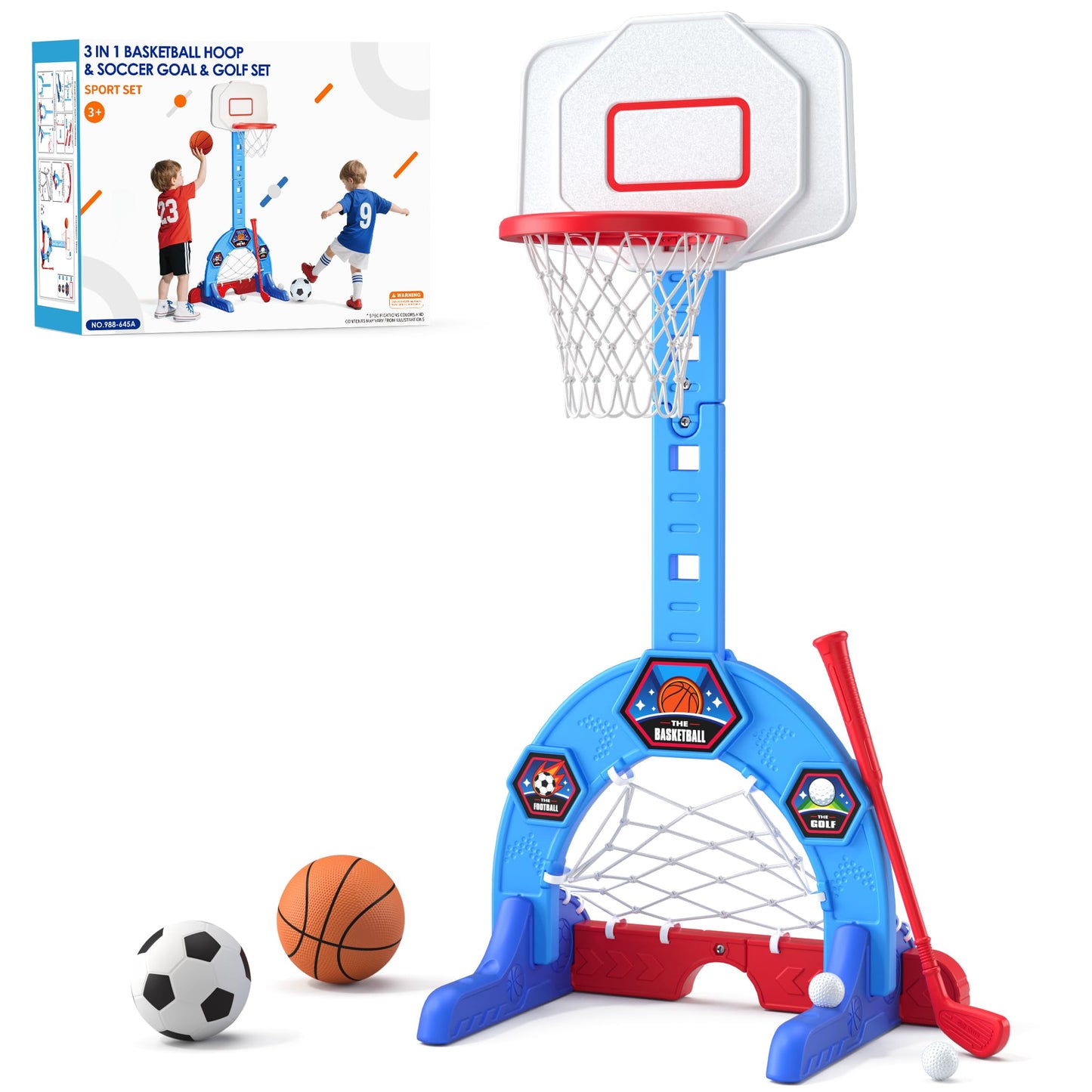 HYES Toddler Basketball Hoop – 3-in-1 Sports Center with Soccer Goal & Golf, 5-Height Adjustable Indoor/Outdoor Playset (Blue)
