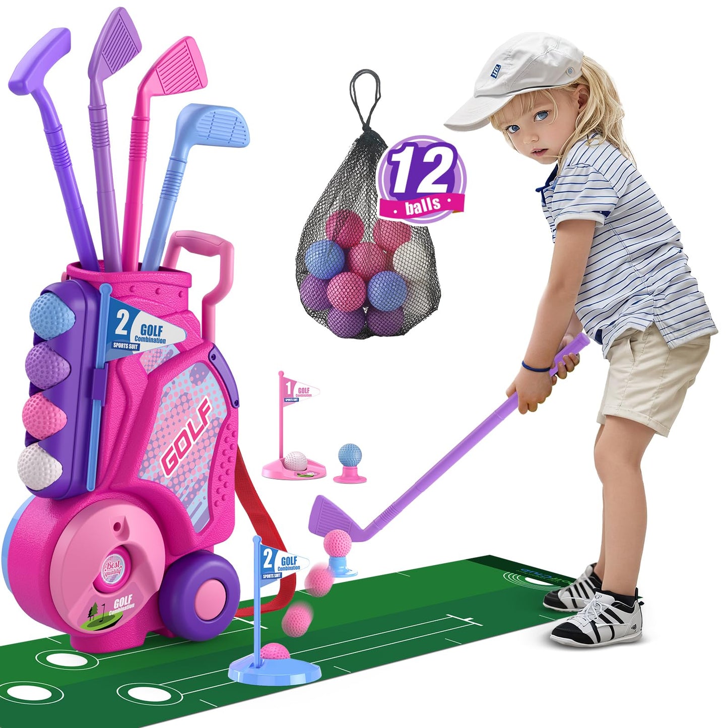 HYES Toddler Golf Set for 2-4 Years – 12 Balls, 4 Clubs, Putting Mat, Shoulder Strap | Pink