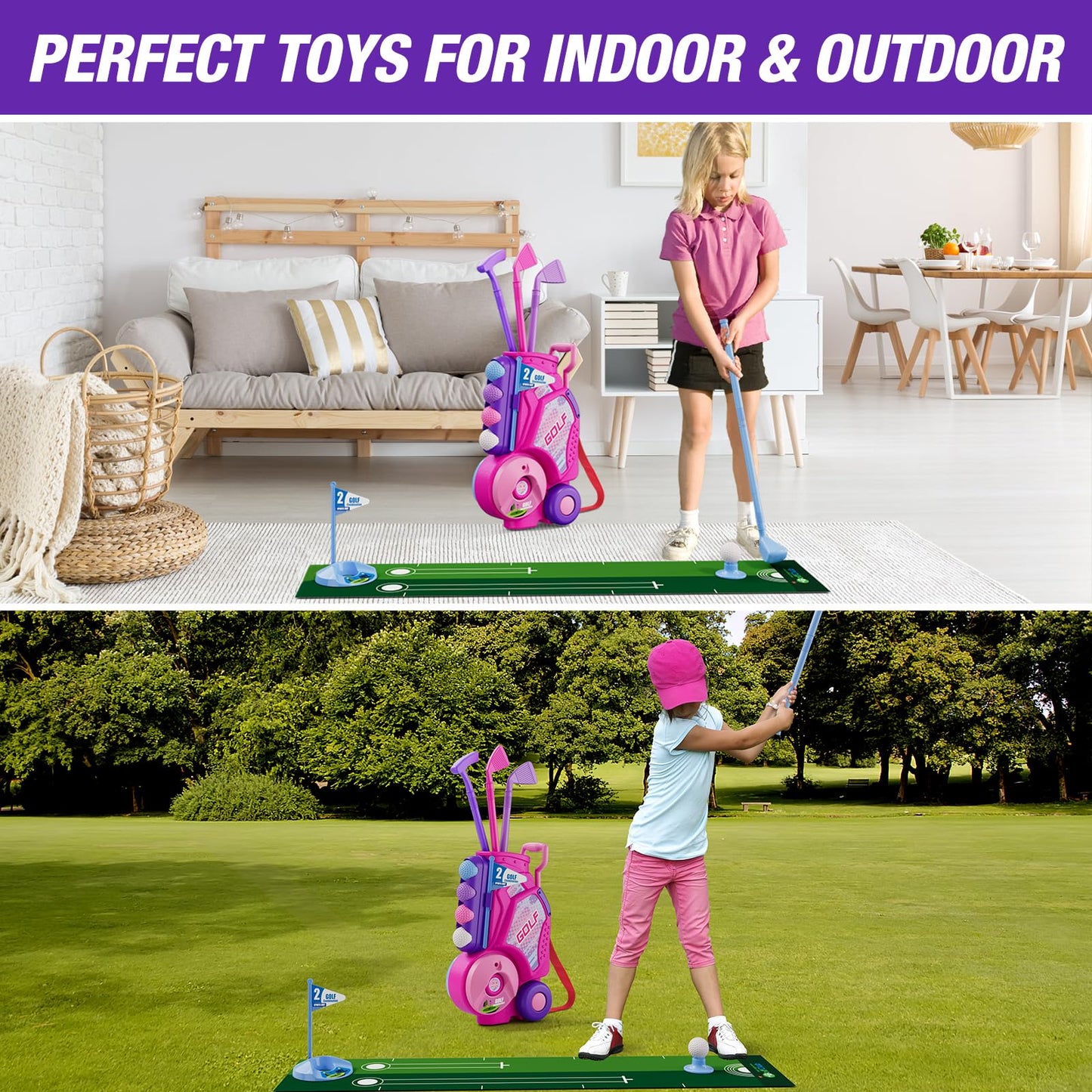HYES Toddler Golf Set for 2-4 Years – 12 Balls, 4 Clubs, Putting Mat, Shoulder Strap | Pink