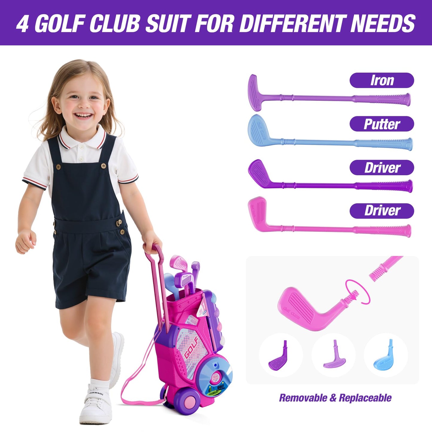 HYES Toddler Golf Set 2-4 Years – Pink Indoor/Outdoor Golf Toy with Cart