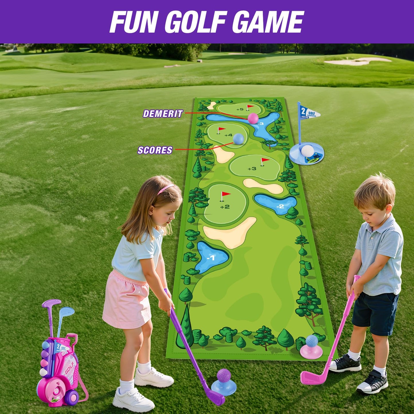 HYES Toddler Golf Set 2-4 Years – Pink Indoor/Outdoor Golf Toy with Cart