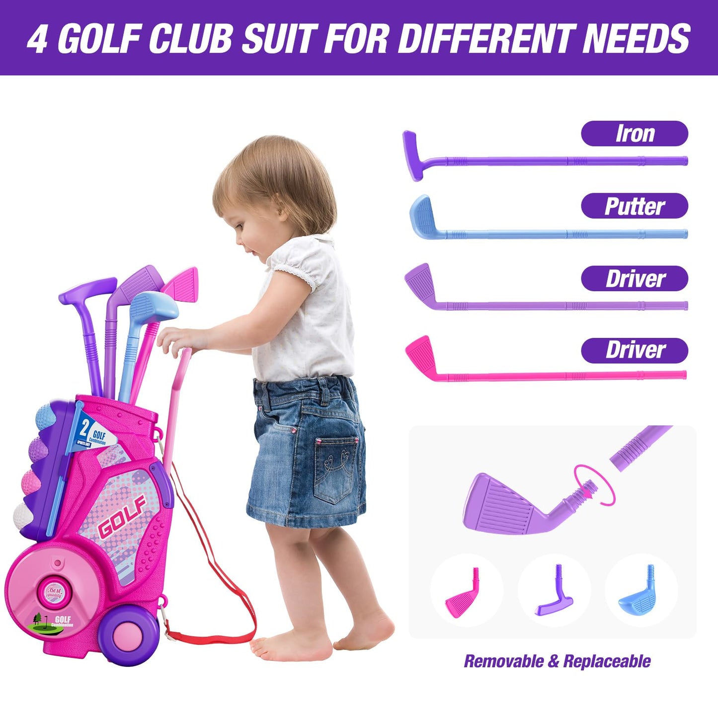 HYES Toddler Golf Set for 2-4 Years – 12 Balls, 4 Clubs, Putting Mat, Shoulder Strap | Pink