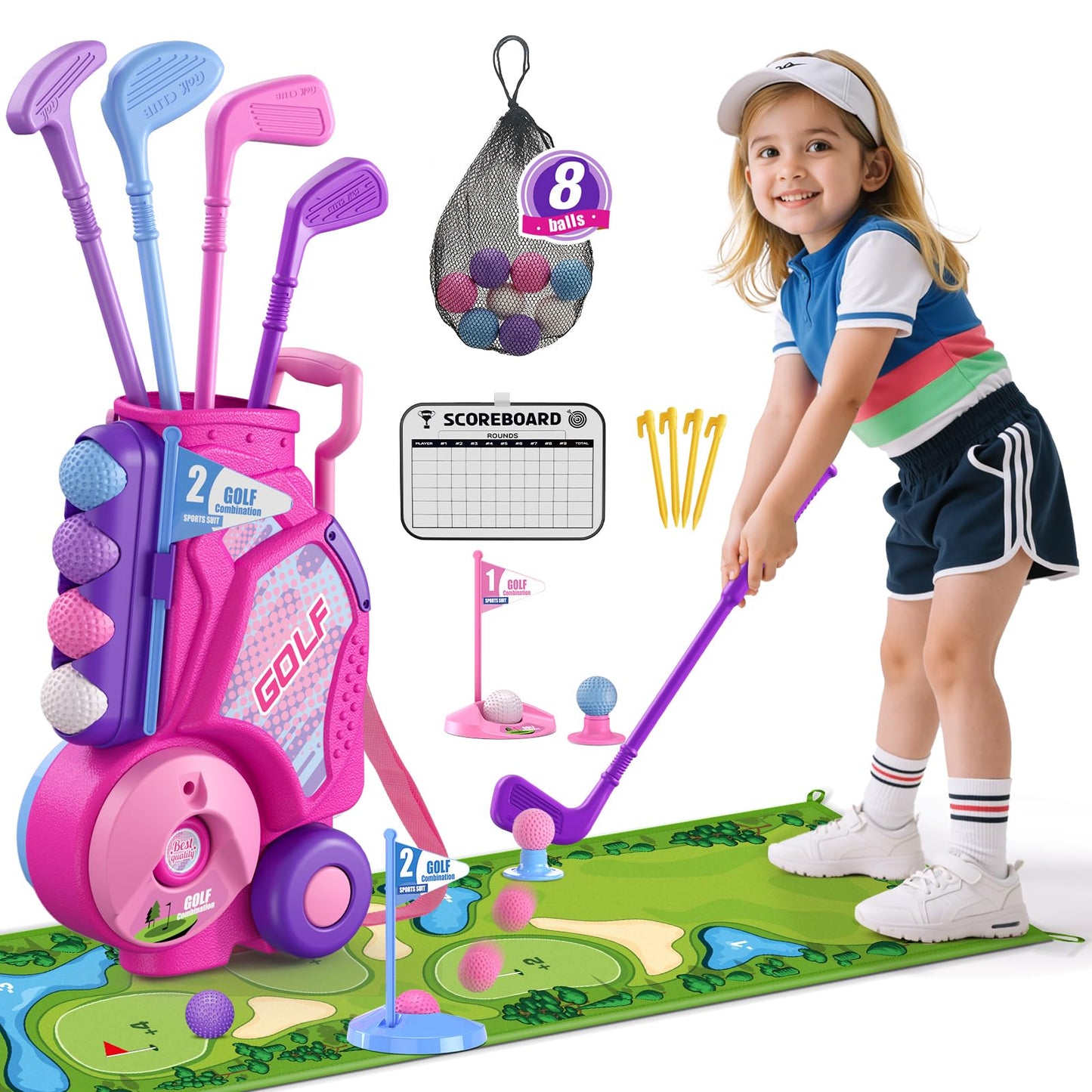 HYES Toddler Golf Set 2-4 Years – Pink Indoor/Outdoor Golf Toy with Cart