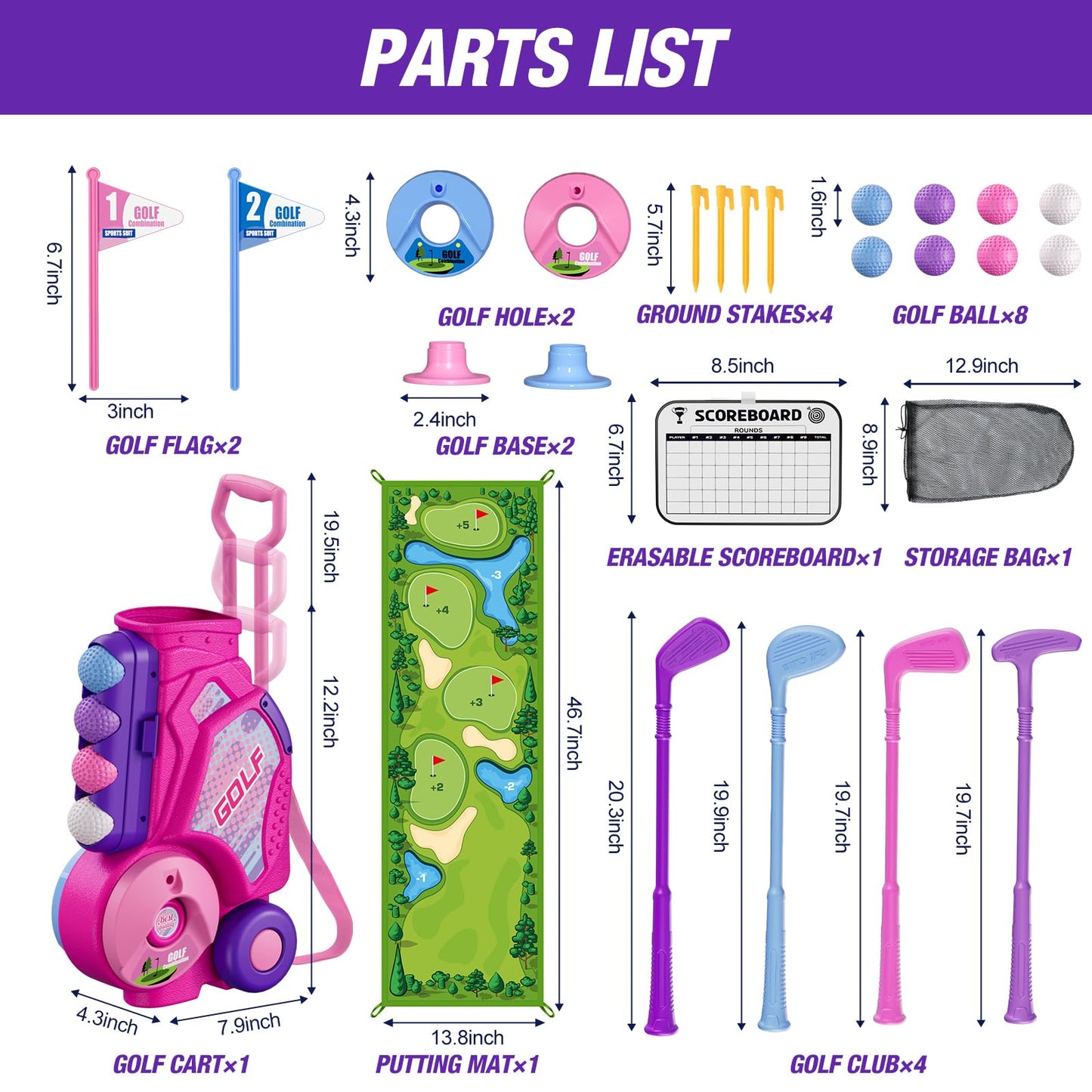 HYES Toddler Golf Set 2-4 Years – Pink Indoor/Outdoor Golf Toy with Cart