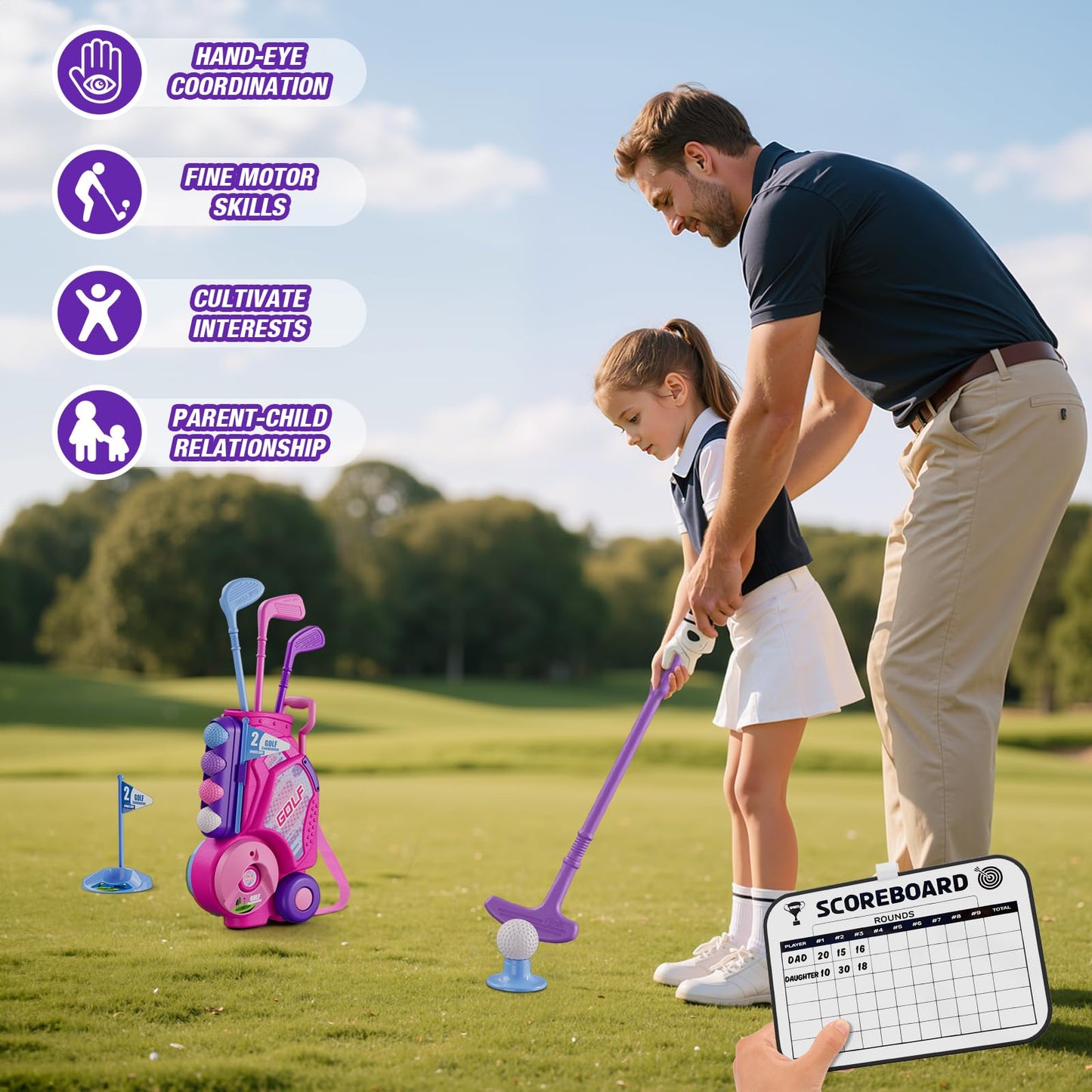 HYES Toddler Golf Set 2-4 Years – Pink Indoor/Outdoor Golf Toy with Cart