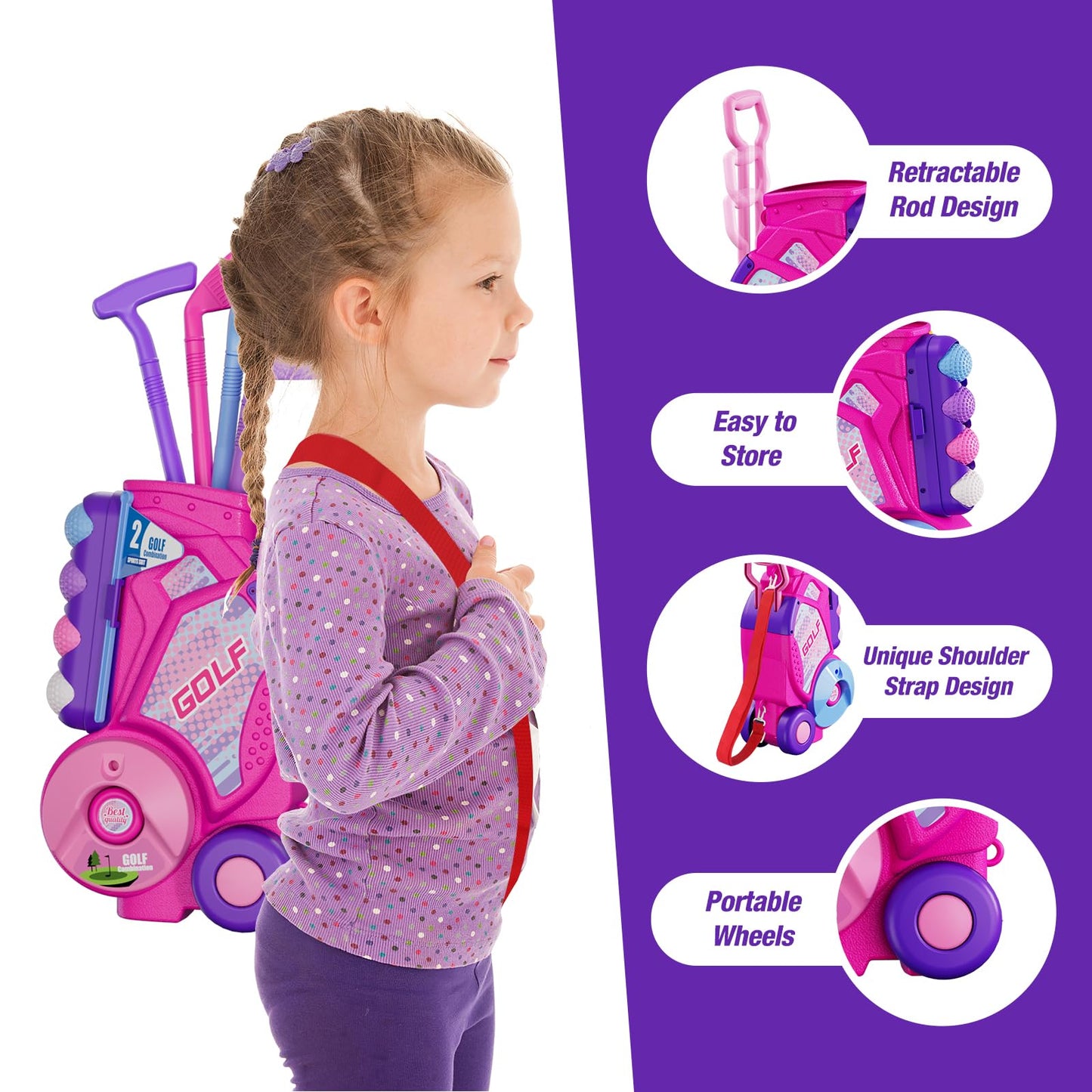 HYES Toddler Golf Set for 2-4 Years – 12 Balls, 4 Clubs, Putting Mat, Shoulder Strap | Pink