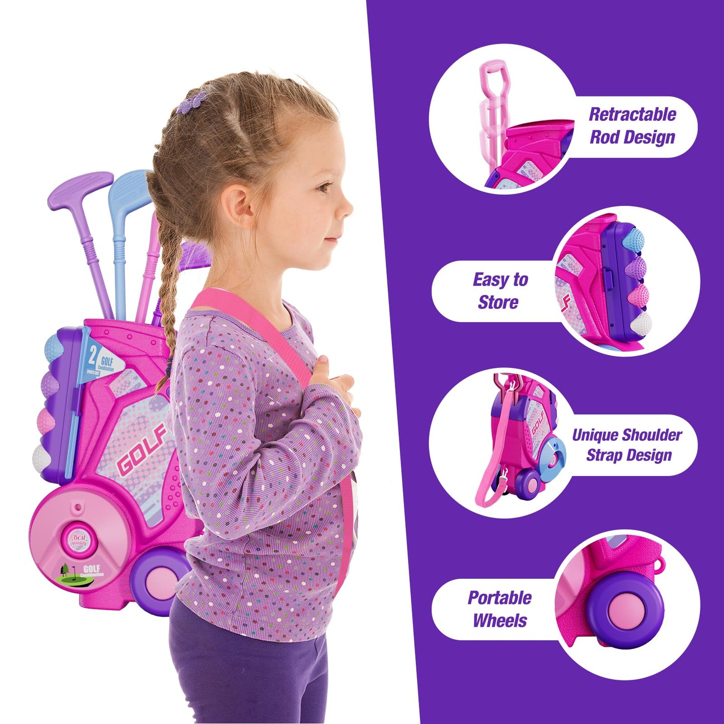 HYES Toddler Golf Set 2-4 Years – Pink Indoor/Outdoor Golf Toy with Cart