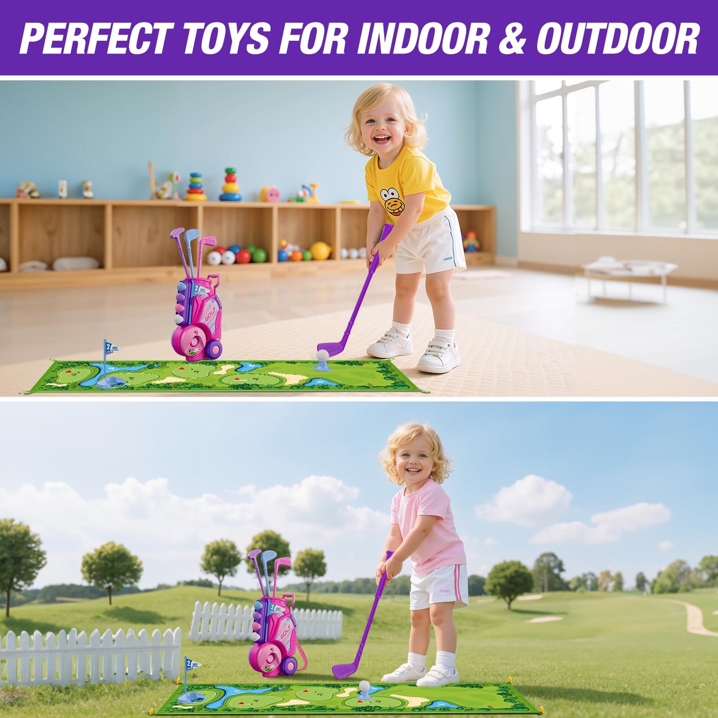 HYES Toddler Golf Set 2-4 Years – Pink Indoor/Outdoor Golf Toy with Cart