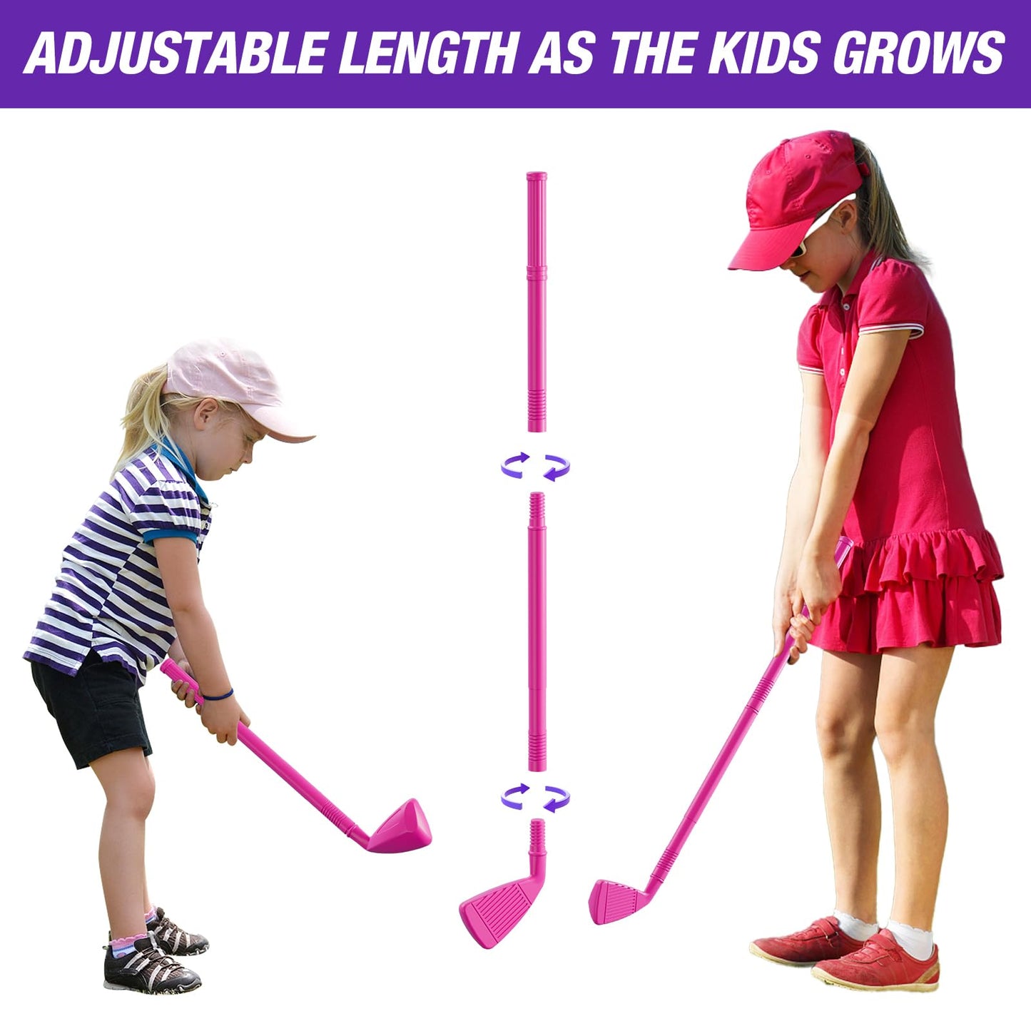 HYES Toddler Golf Set for 2-4 Years – 12 Balls, 4 Clubs, Putting Mat, Shoulder Strap | Pink