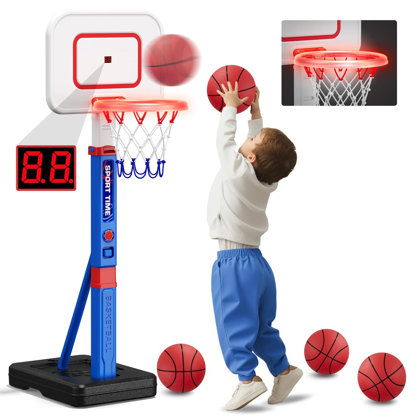 HYES Toddler Basketball Hoop with Scoreboard and LED Rim — 55in Adjustable Indoor Outdoor
