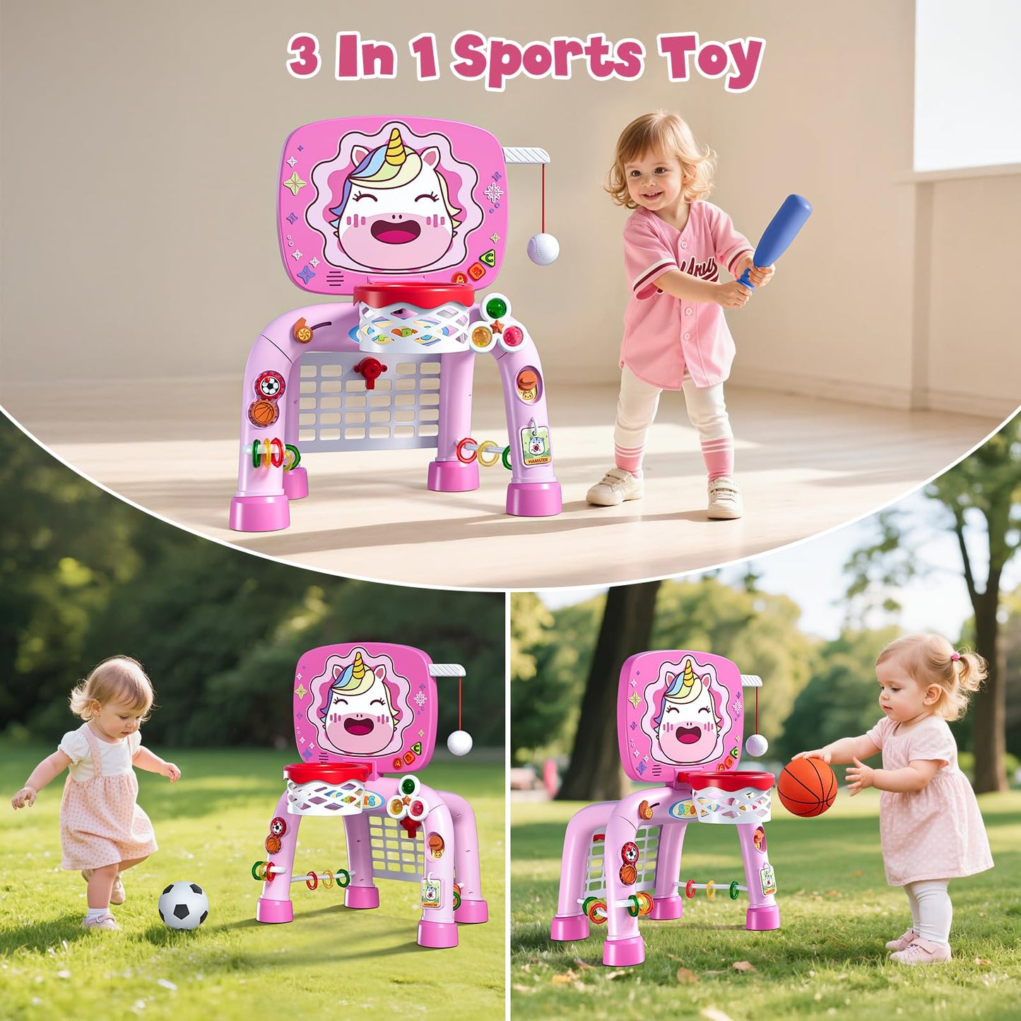 HYES Toddler 3-in-1 Basketball Hoop, Soccer Goal & Montessori Learning Toy Set for Ages 1–3