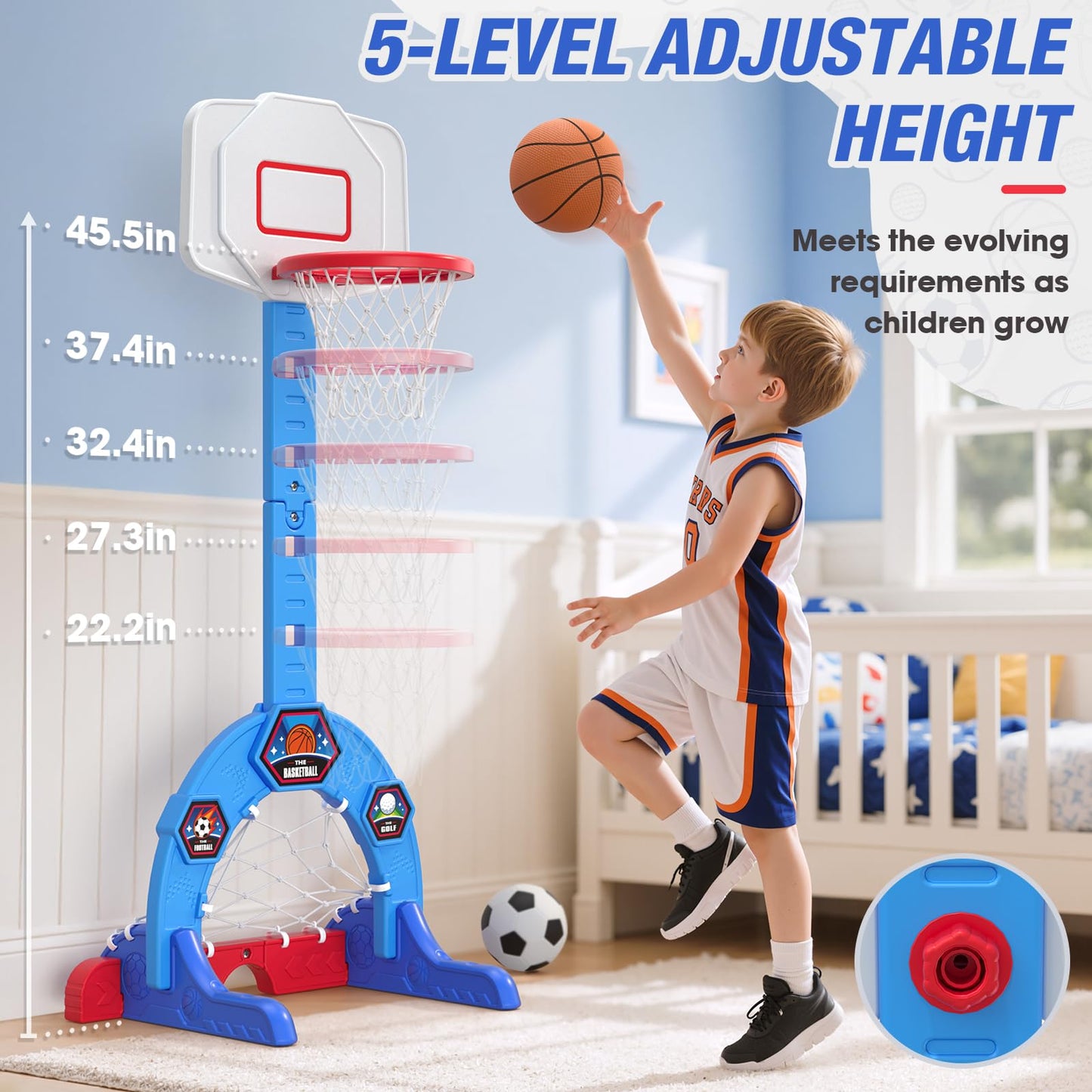 HYES Toddler Basketball Hoop – 3-in-1 Sports Center with Soccer Goal & Golf, 5-Height Adjustable Indoor/Outdoor Playset (Blue)