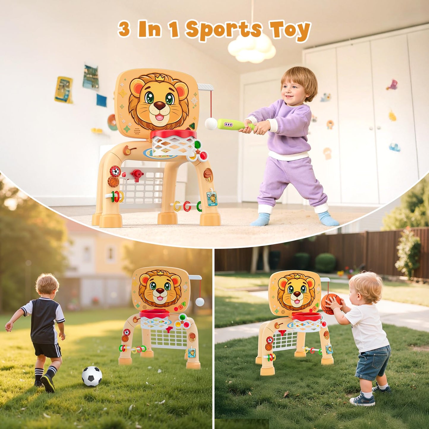 HYES 3-in-1 Toddler Sports Center: Basketball Hoop, Soccer Goal & Learning Abacus for Ages 1–3