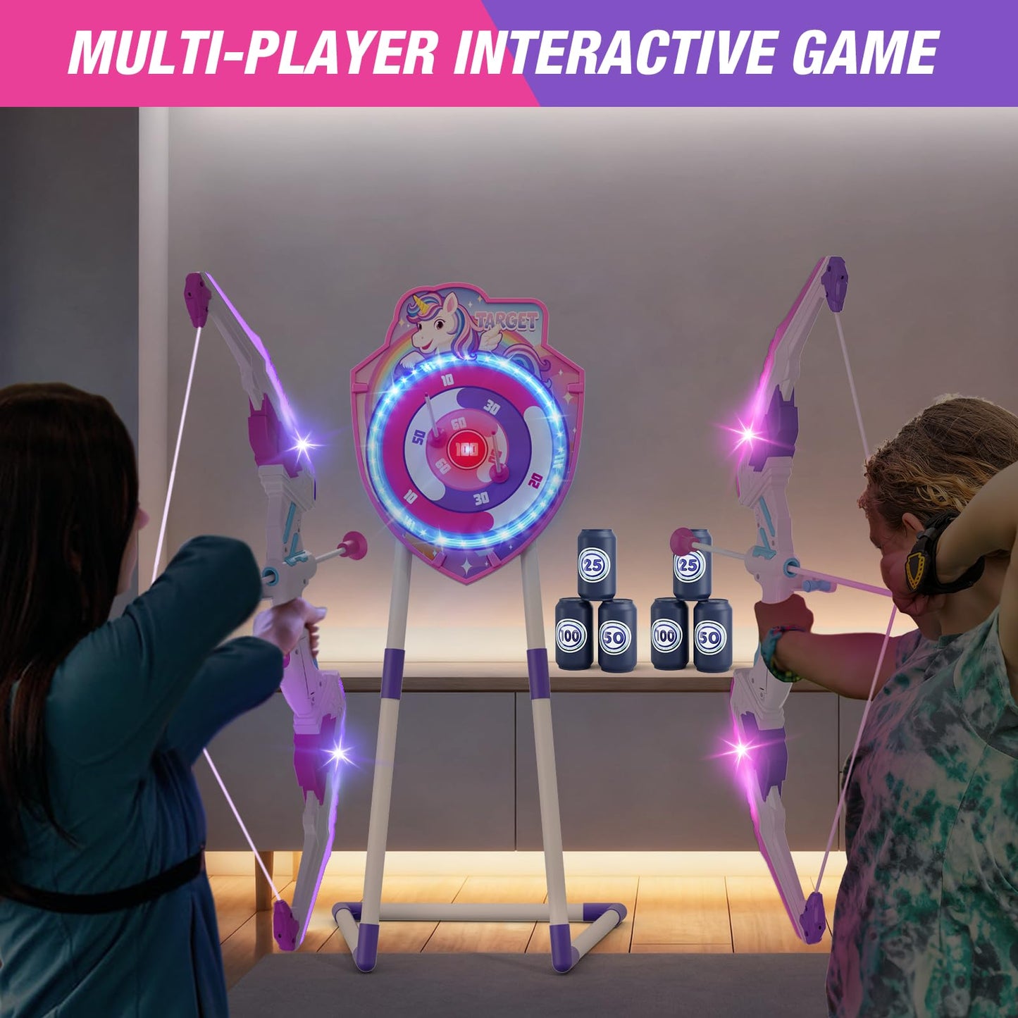 HYES LED Unicorn Archery Set for Kids – 2 Bows, Glow Target, 24 Arrows