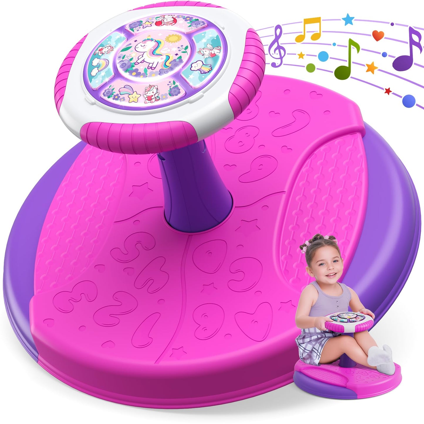 HYES Unicorn Sit and Spin Toy for Toddlers 1-3 | 360° Spin, LED Lights & Music