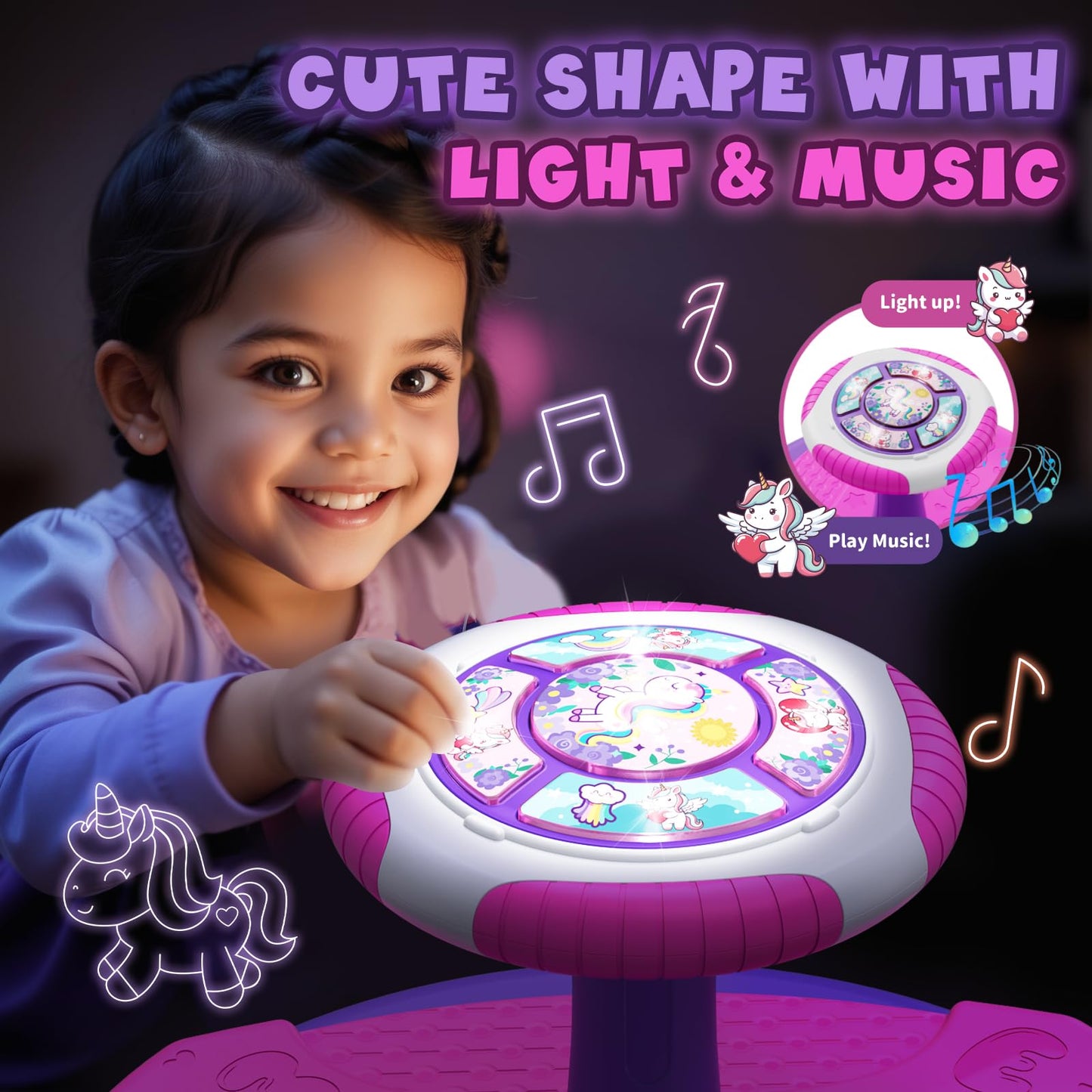 HYES Unicorn Sit and Spin Toy for Toddlers 1-3 | 360° Spin, LED Lights & Music